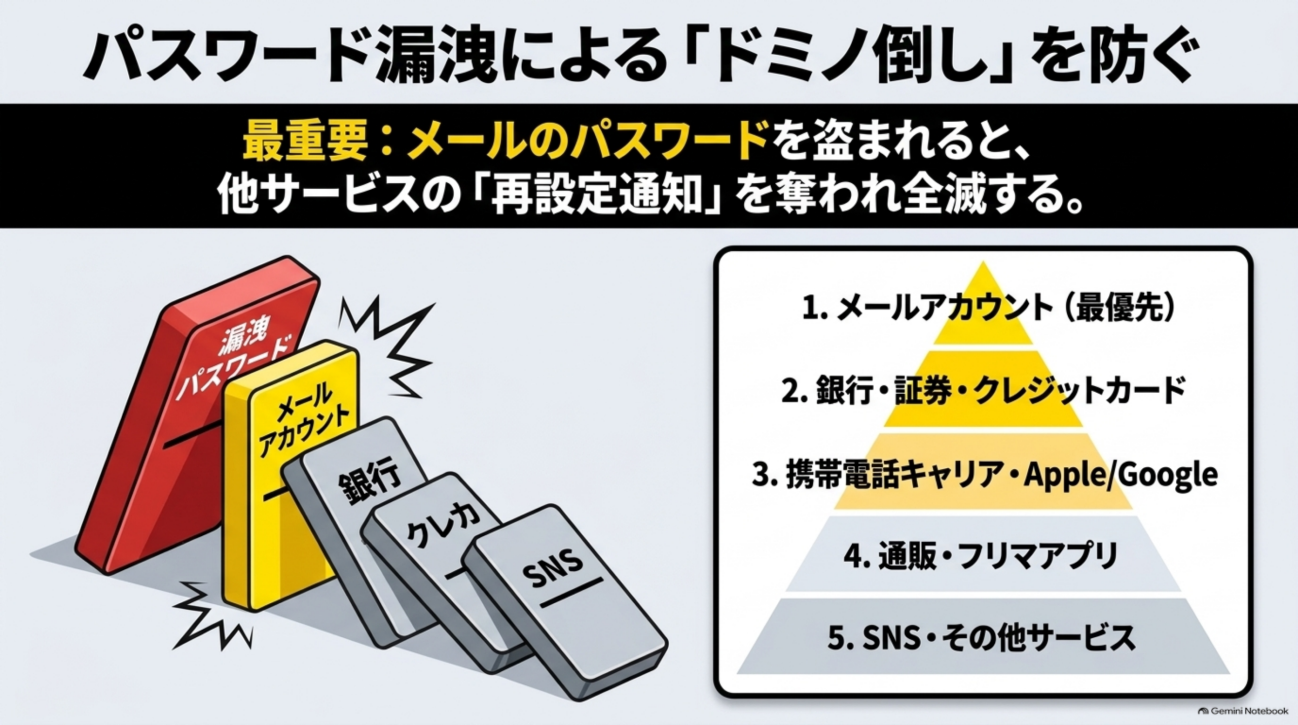パスワード漏洩によるドミノ倒しを防ぐ、メールアカウント最優先の変更順位