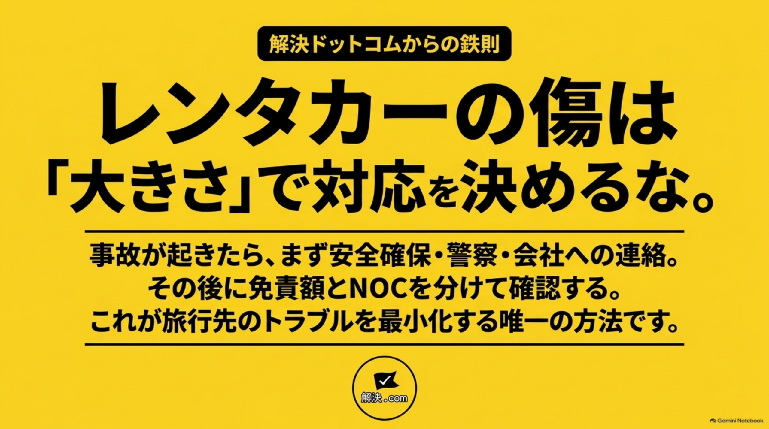 解決ドットコムからの鉄則という見出しの下、黄色背景に『レンタカーの傷は「大きさ」で対応を決めるな。』という大見出しと、『事故が起きたら、まず安全確保・警察・会社への連絡。その後に免責額とNOCを分けて確認する。これが旅行先のトラブルを最小化する唯一の方法です』という説明文、解決.comのロゴ