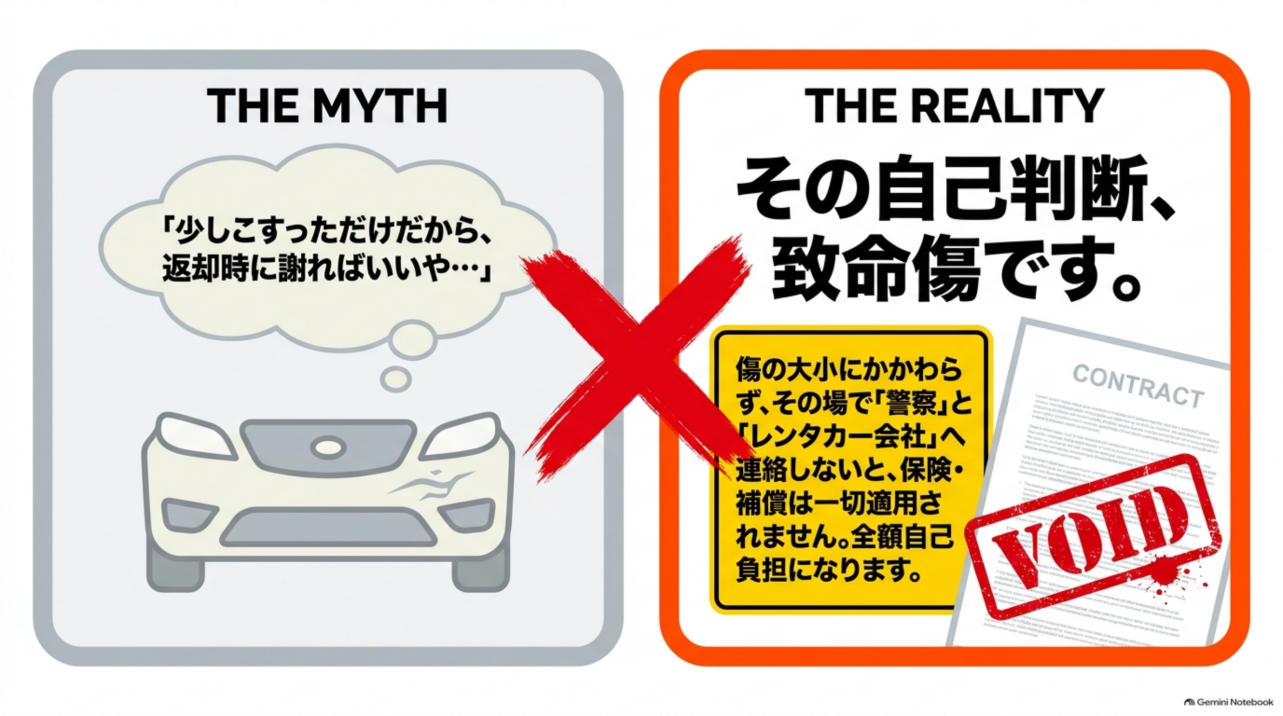 左にTHE MYTHとして『少しこすっただけだから、返却時に謝ればいいや…』と考える白い車のイラストに赤いバツ印、右にTHE REALITYとして『その自己判断、致命傷です』という見出しと、『傷の大小にかかわらず、その場で警察とレンタカー会社へ連絡しないと、保険・補償は一切適用されません。全額自己負担になります』という警告文、契約書にVOIDのスタンプが押されたイラスト