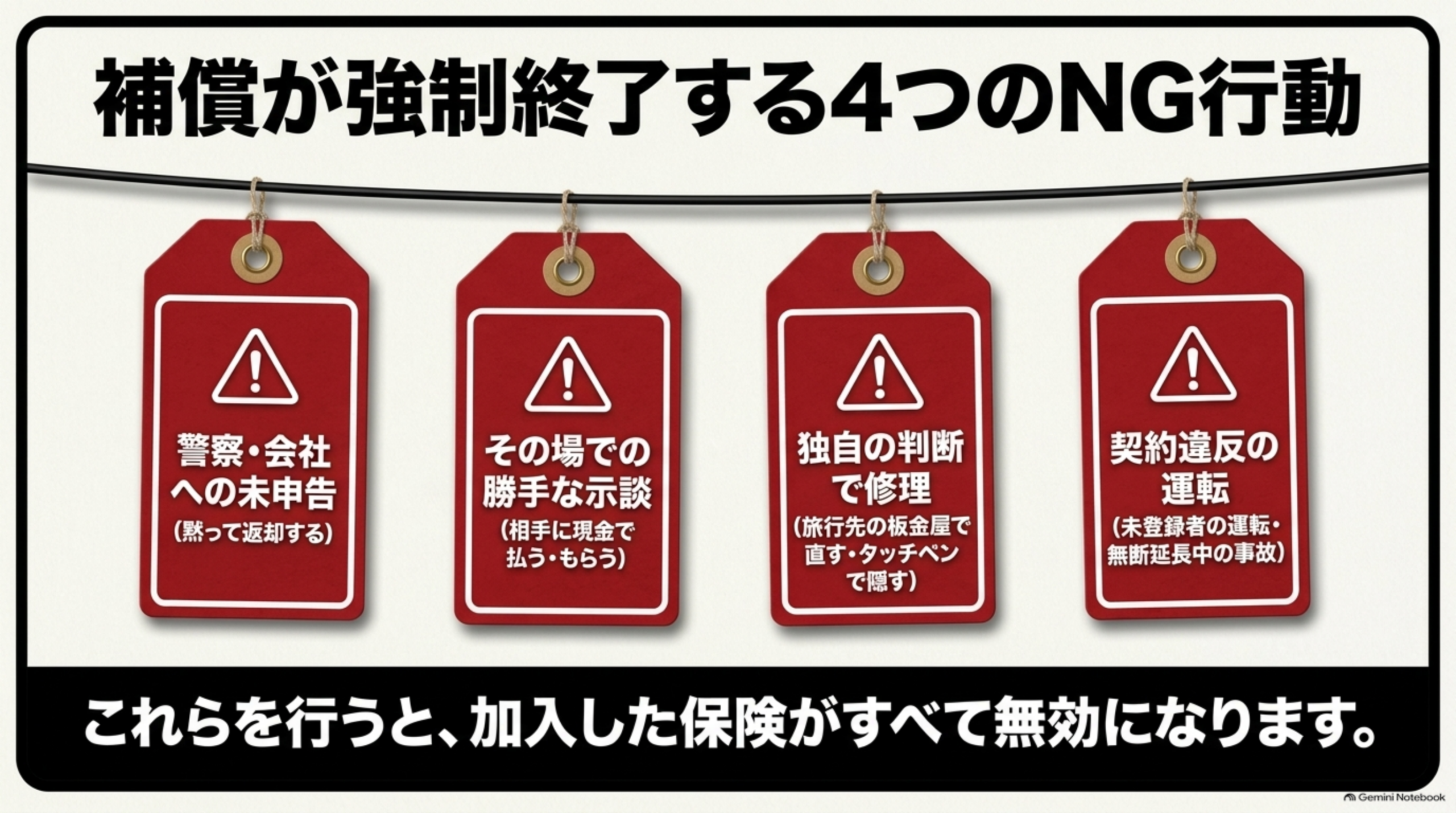 補償が強制終了する4つのNG行動という見出しの下、警察・会社への未申告(黙って返却する)、その場での勝手な示談(相手に現金で払う・もらう)、独自の判断で修理(旅行先の板金屋で直す・タッチペンで隠す)、契約違反の運転(未登録者の運転・無断延長中の事故)という4枚の赤いタグが吊り下げられ、下部に『これらを行うと、加入した保険がすべて無効になります』という説明
