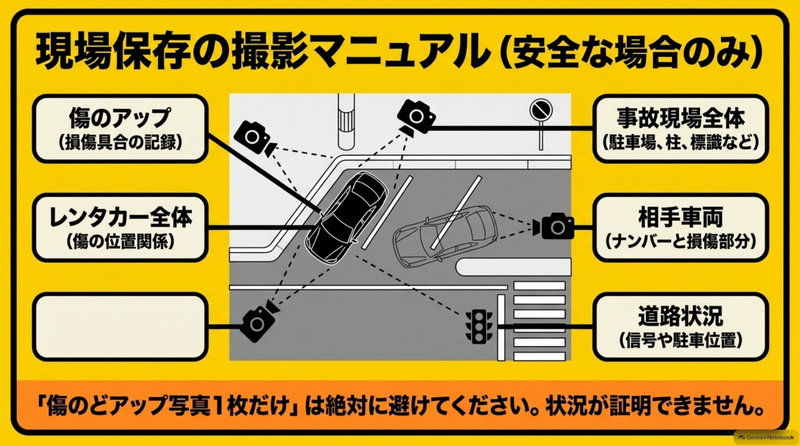 現場保存の撮影マニュアル(安全な場合のみ)という見出しの下、駐車場のイラストを囲むように、傷のアップ(損傷具合の記録)、レンタカー全体(傷の位置関係)、事故現場全体(駐車場、柱、標識など)、相手車両(ナンバーと損傷部分)、道路状況(信号や駐車位置)という5つの撮影ポイントがカメラアイコンと線で示され、下部に『傷のアップ写真1枚だけは絶対に避けてください。状況が証明できません』という説明