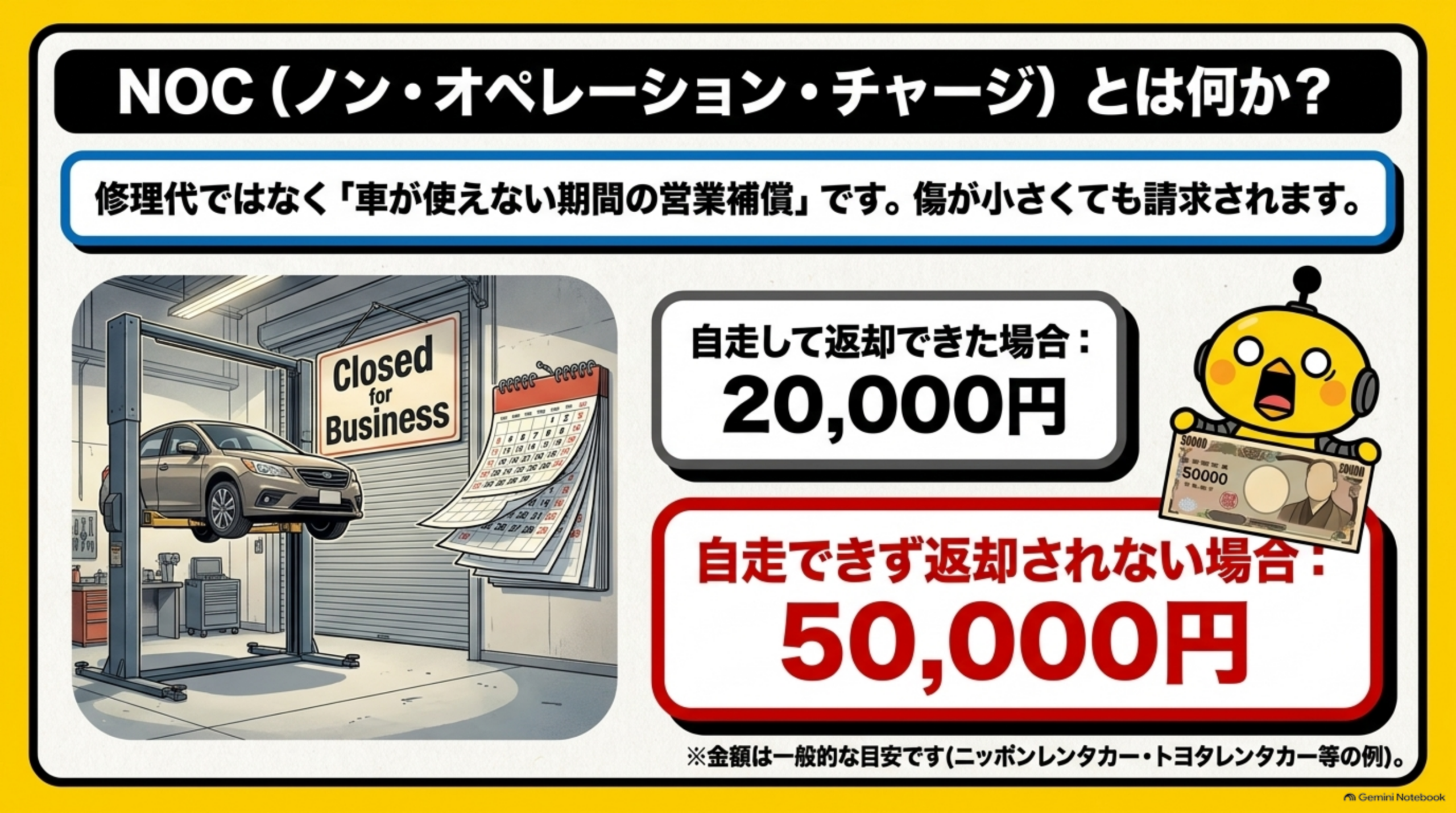 NOC(ノン・オペレーション・チャージ)とは何か?という見出しの下、『修理代ではなく車が使えない期間の営業補償です。傷が小さくても請求されます』という説明、車がリフトアップされCloseed for Businessの札が掛かった整備工場のイラスト、自走して返却できた場合:20,000円、自走できず返却されない場合:50,000円という金額、驚くカイピヨくんと5万円札のイラスト、下部に『金額は一般的な目安です(ニッポンレンタカー・トヨタレンタカー等の例)』という注記