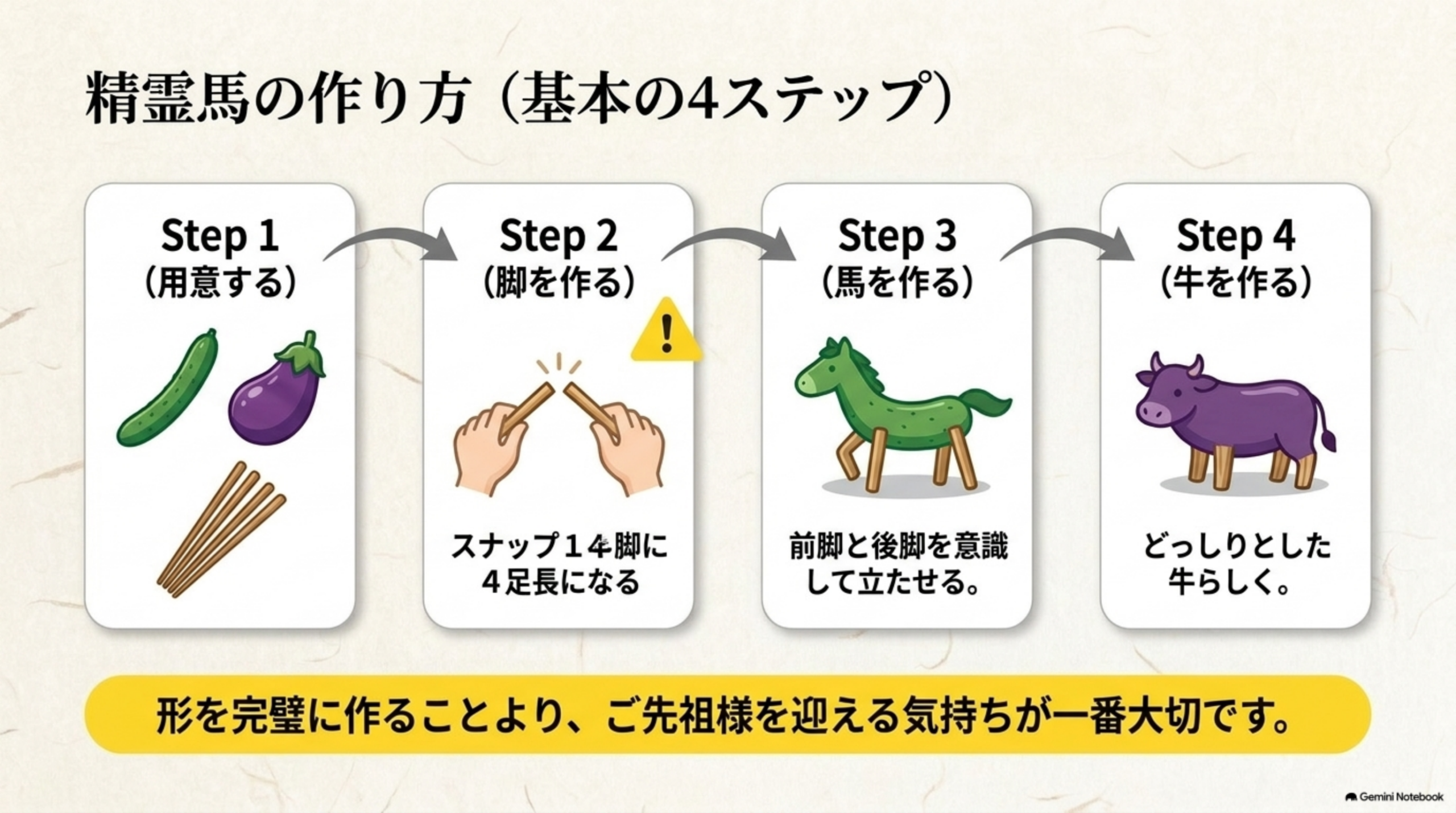 精霊馬の作り方、基本の4ステップ。Step1用意する（きゅうり・なす・割り箸）、Step2脚を作る（4本分にする、けがに注意）、Step3馬を作る（前脚と後脚を意識して立たせる）、Step4牛を作る（どっしりとした牛らしく）