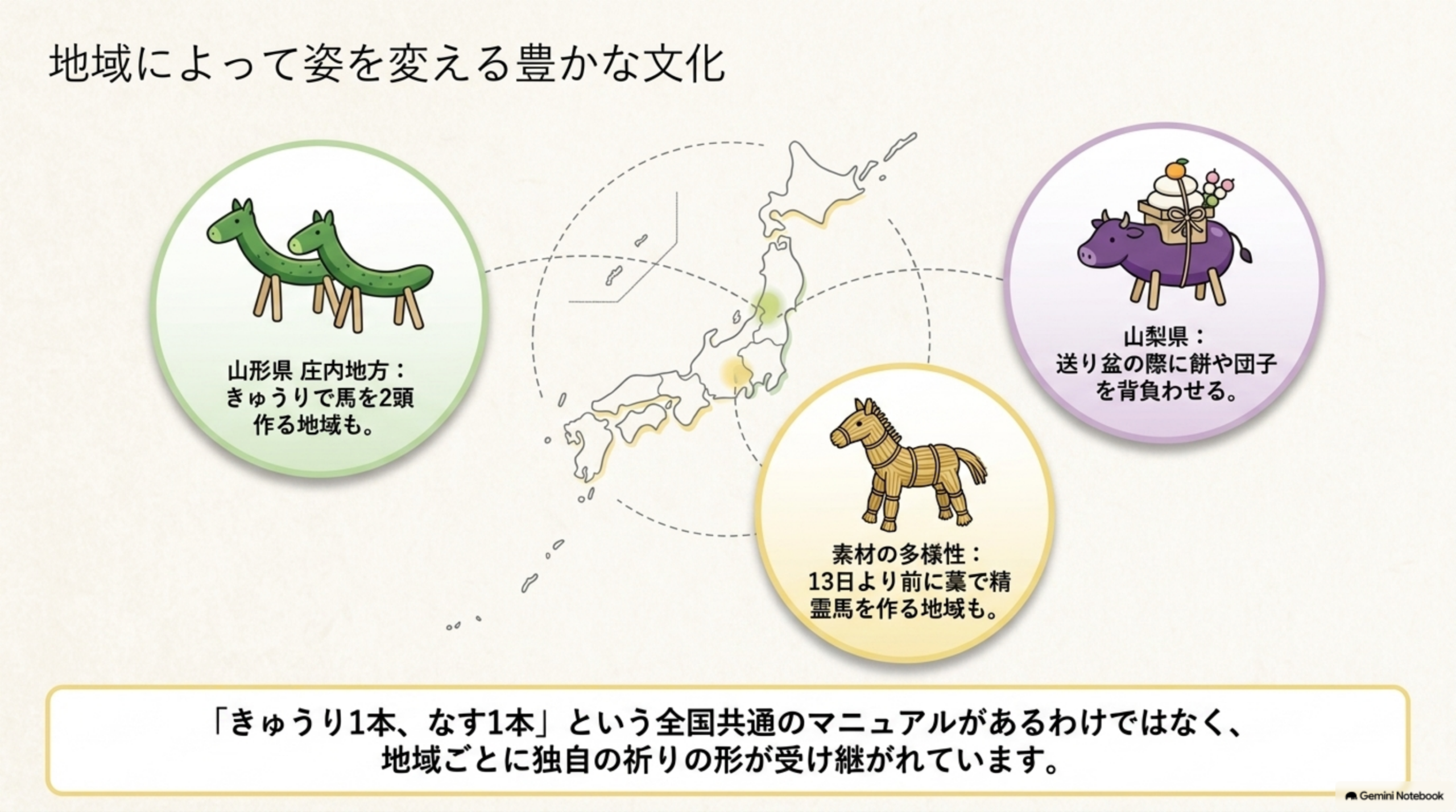 地域によって姿を変える豊かな文化。山形県庄内地方はきゅうりで馬を2頭作る地域も。山梨県は送り盆の際に餅や菓子を背負わせる。素材の多様性として13日より前に藁で精霊馬を作る地域も