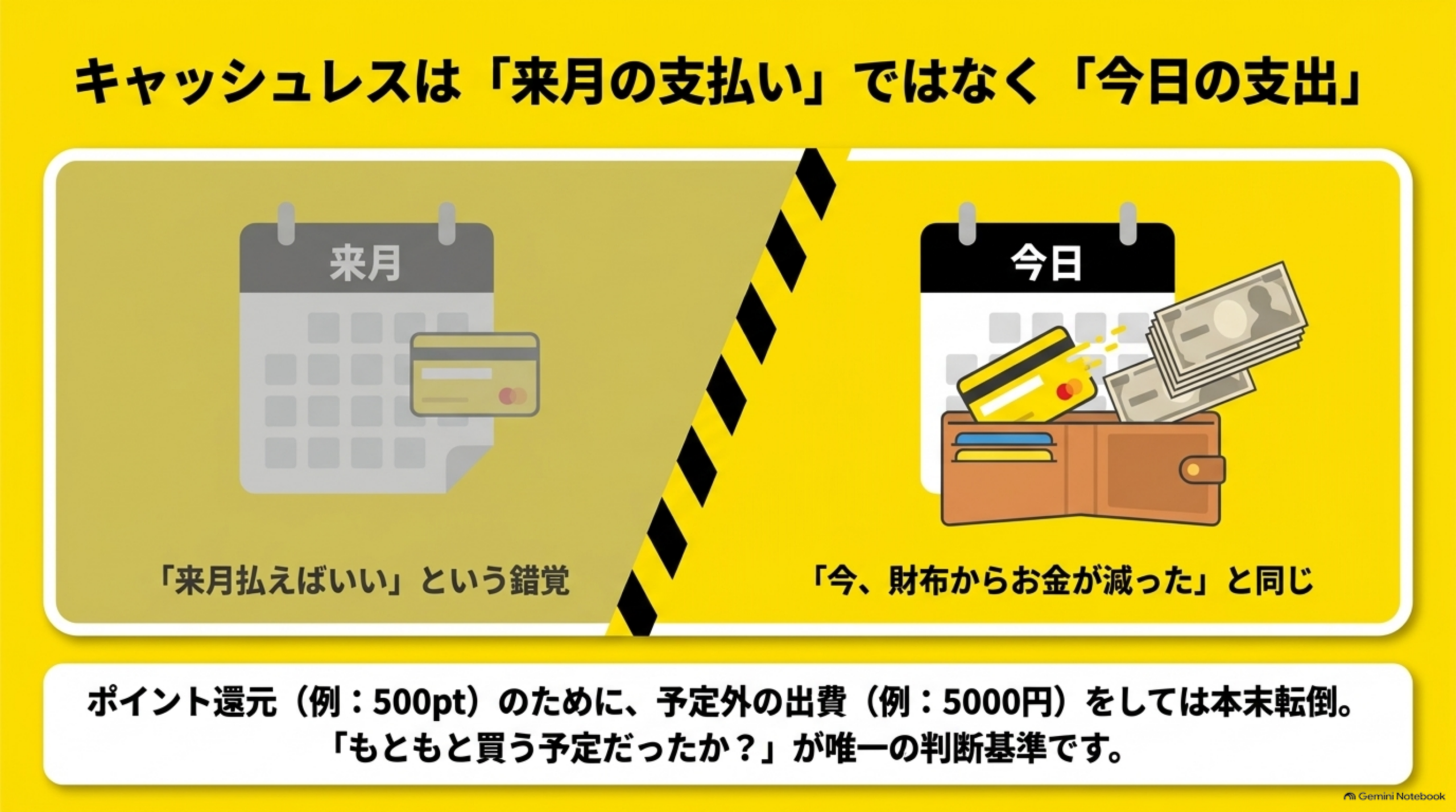 キャッシュレスは来月の支払いではなく今日の支出という見出しの下、左に灰色のカレンダーとクレジットカードで『来月払えばいいという錯覚』、右に黒いカレンダーと財布から溢れる現金・カードで『今、財布からお金が減ったと同じ』という対比図解。下部に『ポイント還元(例:500pt)のために、予定外の出費(例:5000円)をしては本末転倒。もともと買う予定だったか？が唯一の判断基準です』という説明