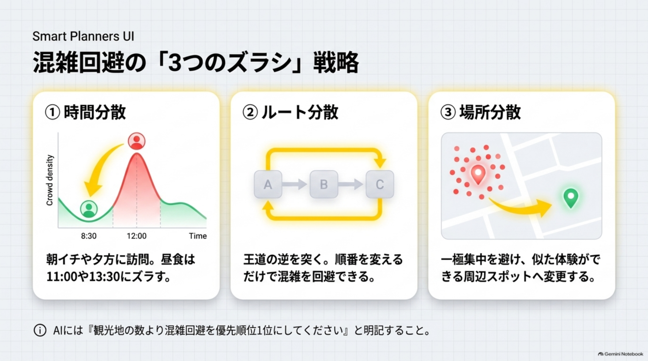 混雑回避の「3つのズラシ」戦略の図解。①時間分散(朝イチや夕方に訪問、昼食は11:00や13:30にズラす、混雑度グラフ付き)②ルート分散(王道の逆を突く、順番を変えるだけで混雑を回避できる、A→B→Cのループ図)③場所分散(一極集中を避け、似た体験ができる周辺スポットへ変更する、地図上の分散イメージ)という3つの手法と、「AIには『観光地の数より混雑回避を優先順位1位にしてください』と明記すること」という注意書き