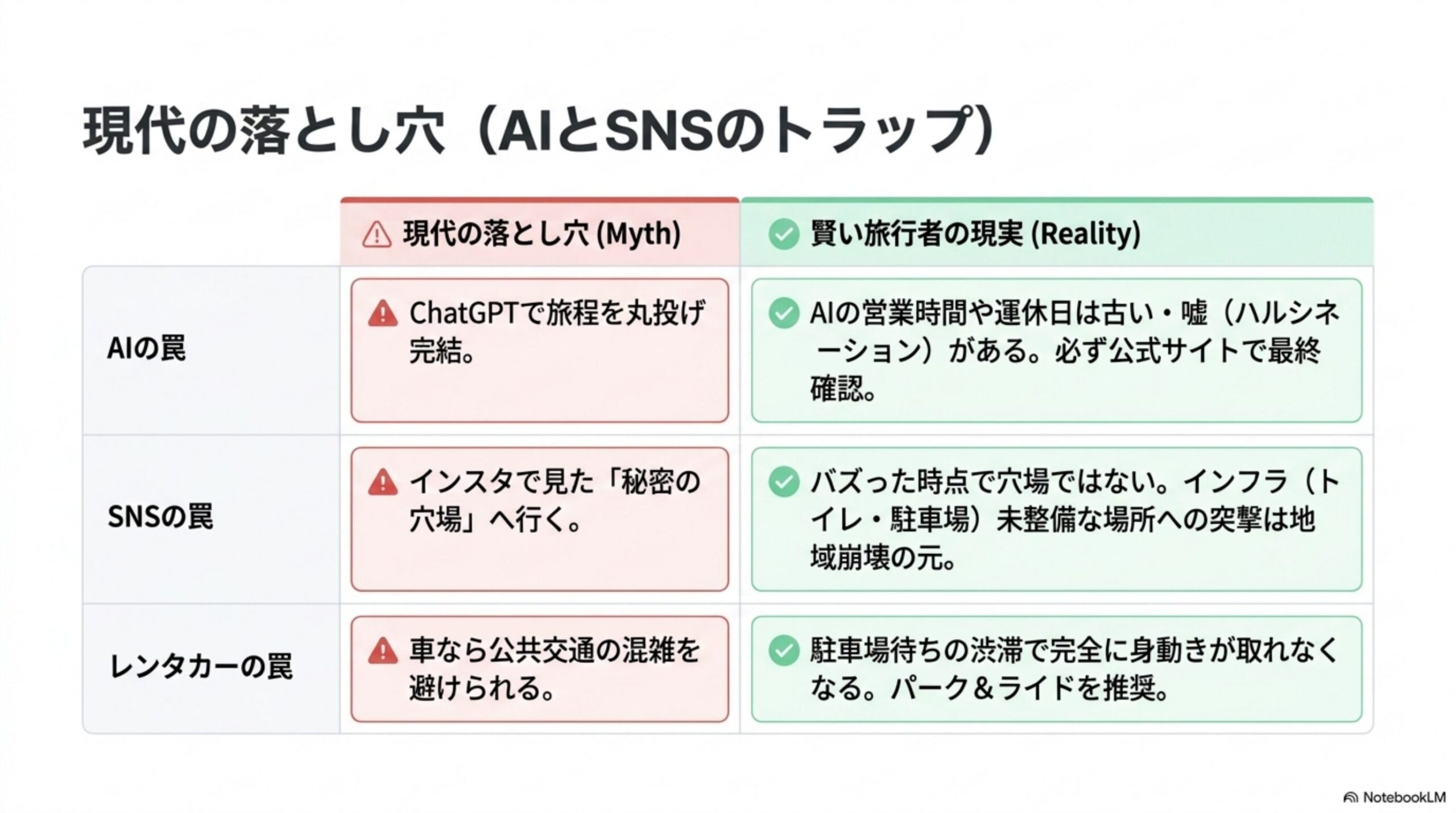 現代の落とし穴（AIとSNSのトラップ）という見出しと、AIの罠（ChatGPTで旅程を丸投げ完結 → 現実：AIの営業時間や運休日は古い・嘘（ハルシネーション）があり必ず公式サイトで最終確認）、SNSの罠（インスタで見た「秘密の穴場」へ行く → 現実：バズった時点で穴場ではない、インフラ未整備な場所への突撃は地域崩壊の元）、レンタカーの罠（車なら公共交通の混雑を避けられる → 現実：駐車場待ちの渋滞で完全に身動きが取れなくなる、パーク＆ライドを推奨）という3行の比較表