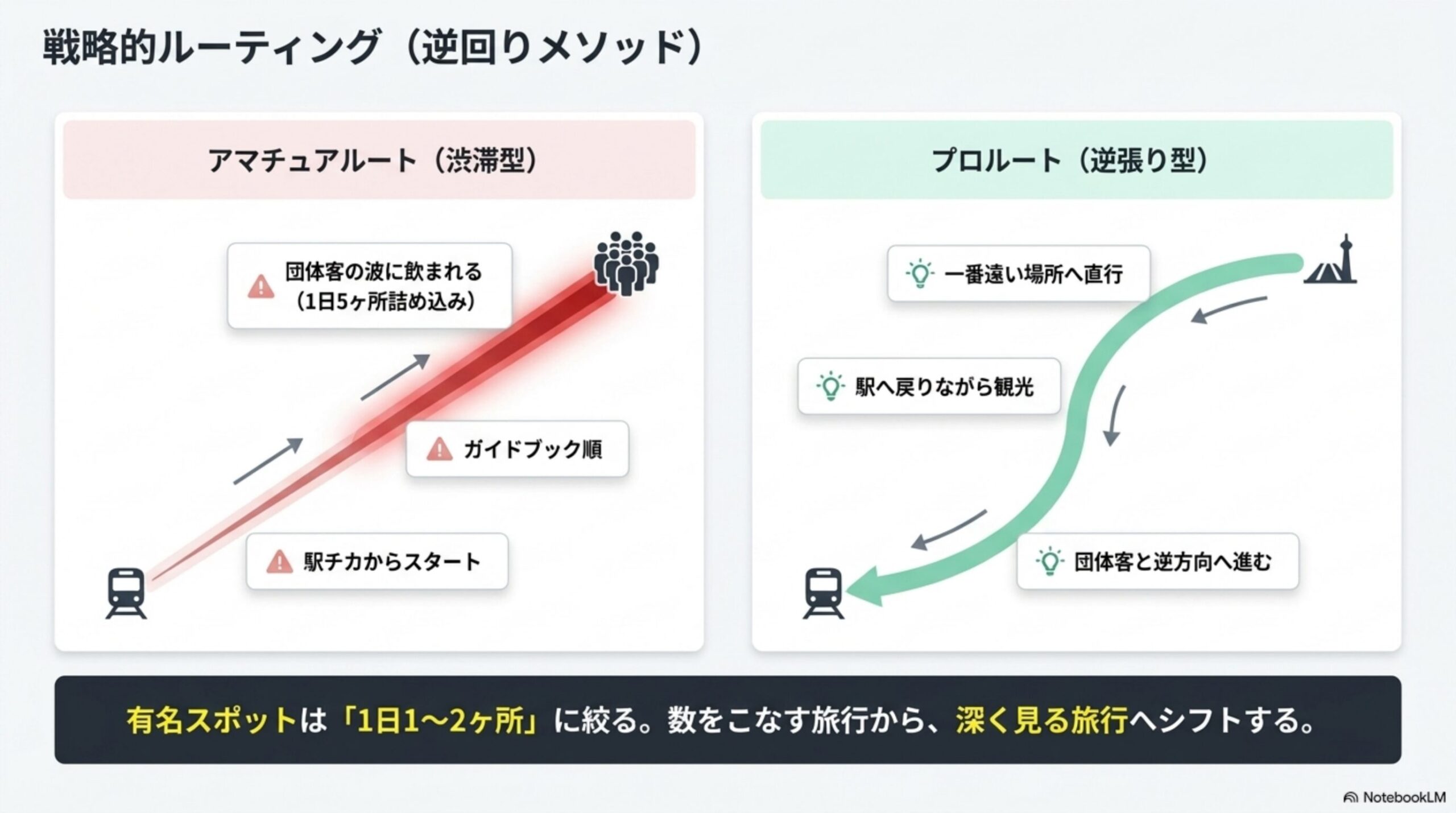 戦略的ルーティング（逆回りメソッド）という見出しと、アマチュアルート（渋滞型：駅チカからスタート→ガイドブック順→団体客の波に飲まれる、1日5ヶ所詰め込み）と、プロルート（逆張り型：一番遠い場所へ直行→団体客と逆方向へ進む→駅へ戻りながら観光）を対比する図解、有名スポットは「1日1〜2ヶ所」に絞る。数をこなす旅行から、深く見る旅行へシフトするという結論付き