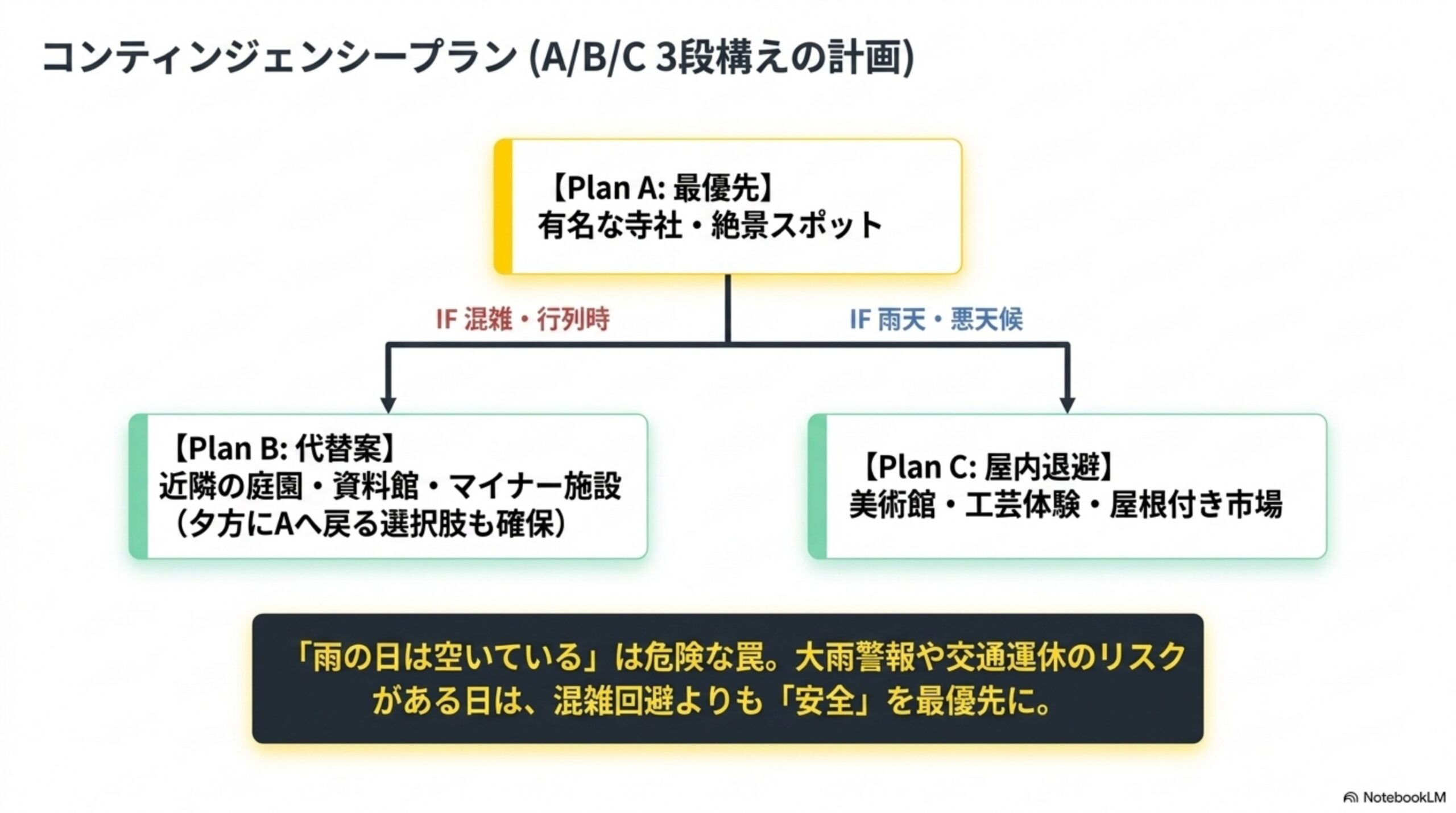 コンティンジェンシープラン(A/B/C 3段構えの計画)という見出しと、【Plan A: 最優先】有名な寺社・絶景スポットから、IF混雑・行列時→【Plan B: 代替案】近隣の庭園・資料館・マイナー施設（夕方にAへ戻る選択肢も確保）、IF雨天・悪天候→【Plan C: 屋内退避】美術館・工芸体験・屋根付き市場へ分岐するフローチャート、「雨の日は空いている」は危険な罠。大雨警報や交通運休のリスクがある日は、混雑回避よりも「安全」を最優先にという警告付き