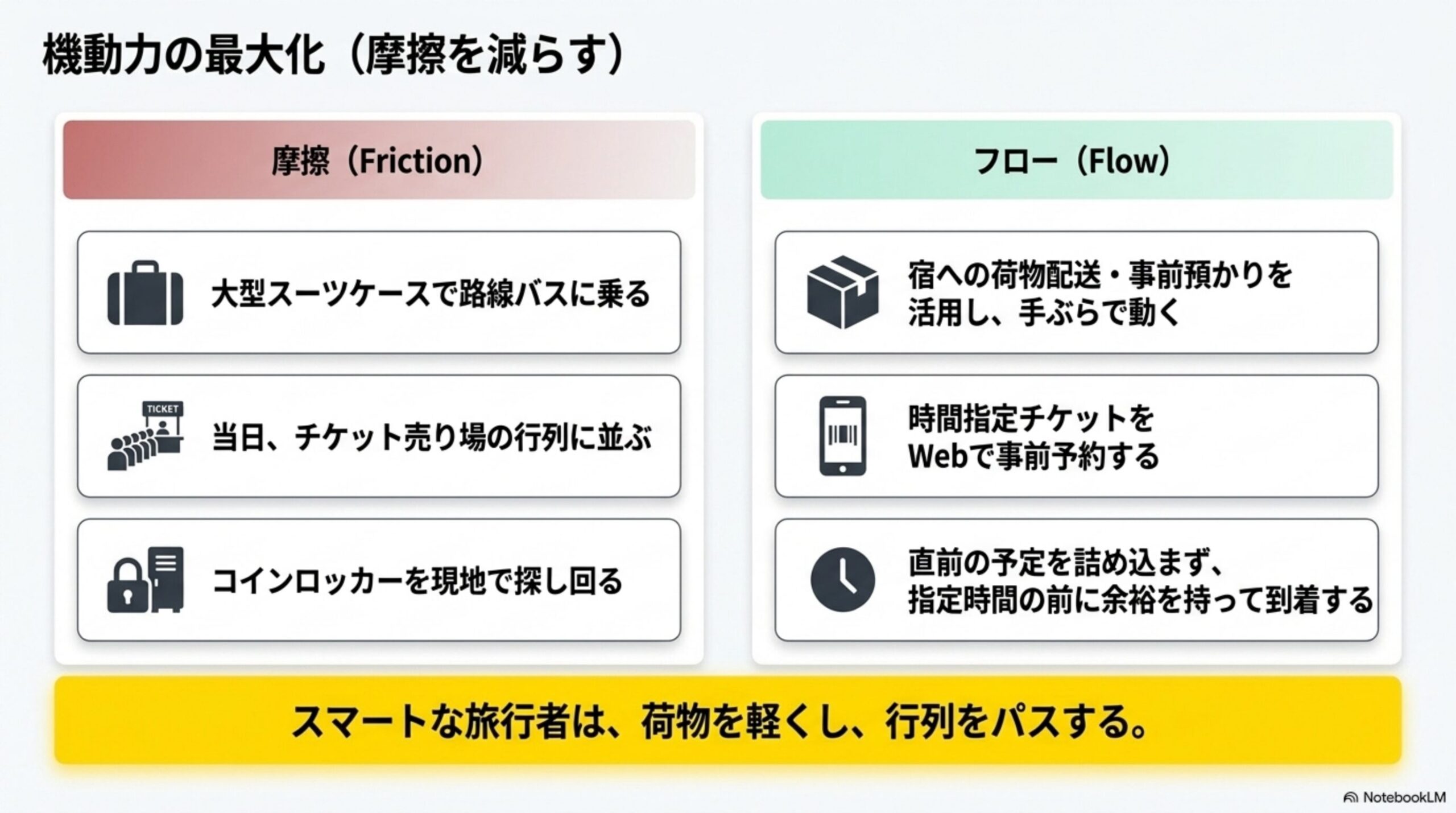 機動力の最大化（摩擦を減らす）という見出しと、摩擦(Friction：大型スーツケースで路線バスに乗る、当日チケット売り場の行列に並ぶ、コインロッカーを現地で探し回る)とフロー(Flow：宿への荷物配送・事前預かりを活用し手ぶらで動く、時間指定チケットをWebで事前予約する、直前の予定を詰め込まず指定時間の前に余裕を持って到着する)を対比する図解、スマートな旅行者は、荷物を軽くし、行列をパスするという結論付き