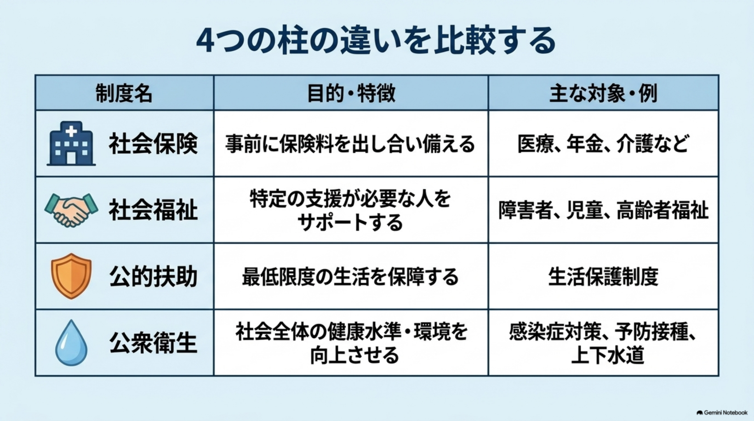 社会保険・社会福祉・公的扶助・公衆衛生の違い比較