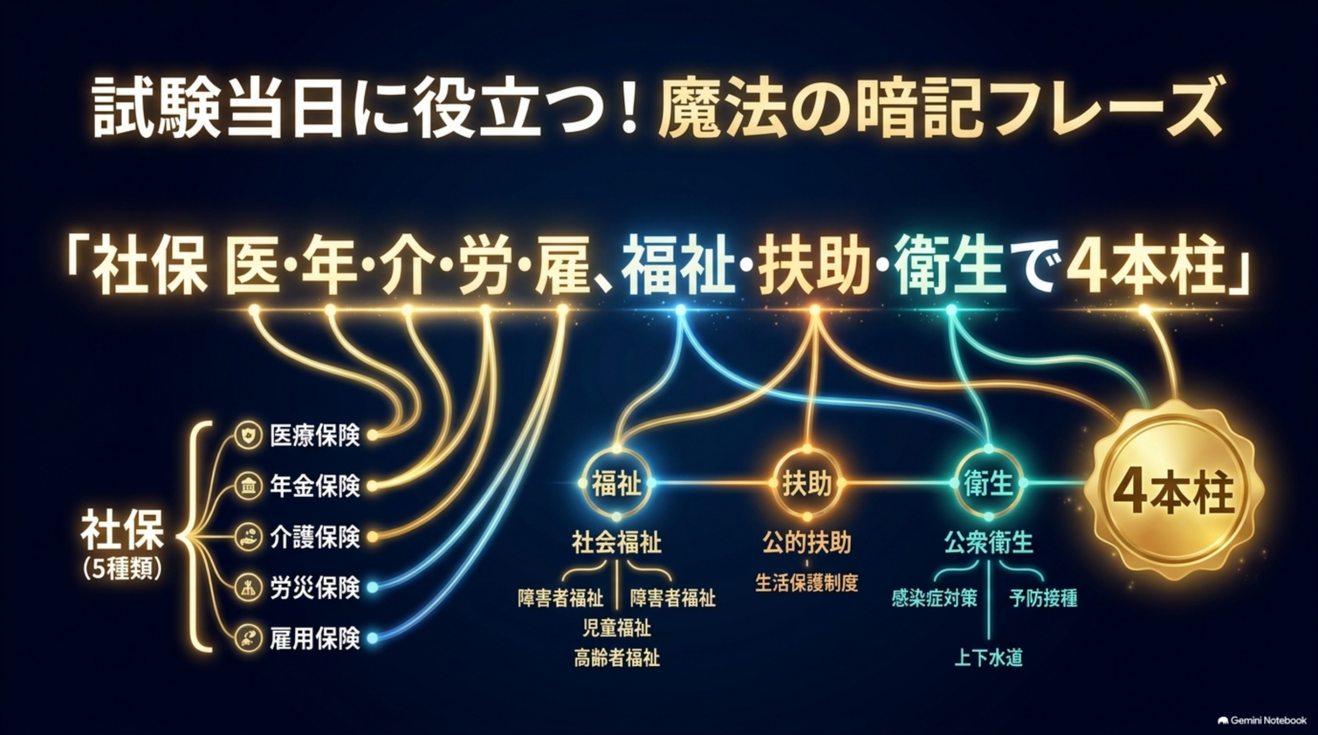 社会保障4本柱と社会保険5種類の暗記フレーズ