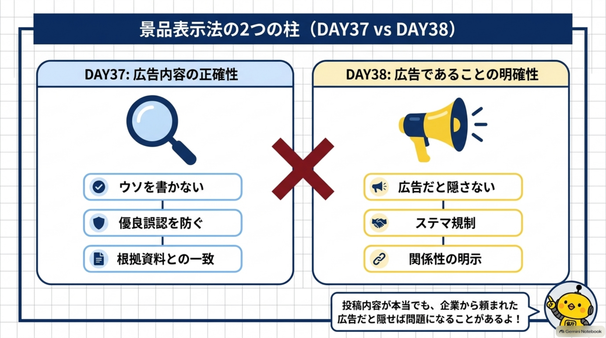 景品表示法の2つの柱（DAY37 vs DAY38）。DAY37 広告内容の正確性：ウソを書かない、優良誤認を防ぐ、根拠資料との一致。DAY38 広告であることの明確性：広告だと隠さない、ステマ規制、関係性の明示。投稿内容が本当でも、企業から頼まれた広告だと隠せば問題になることがある