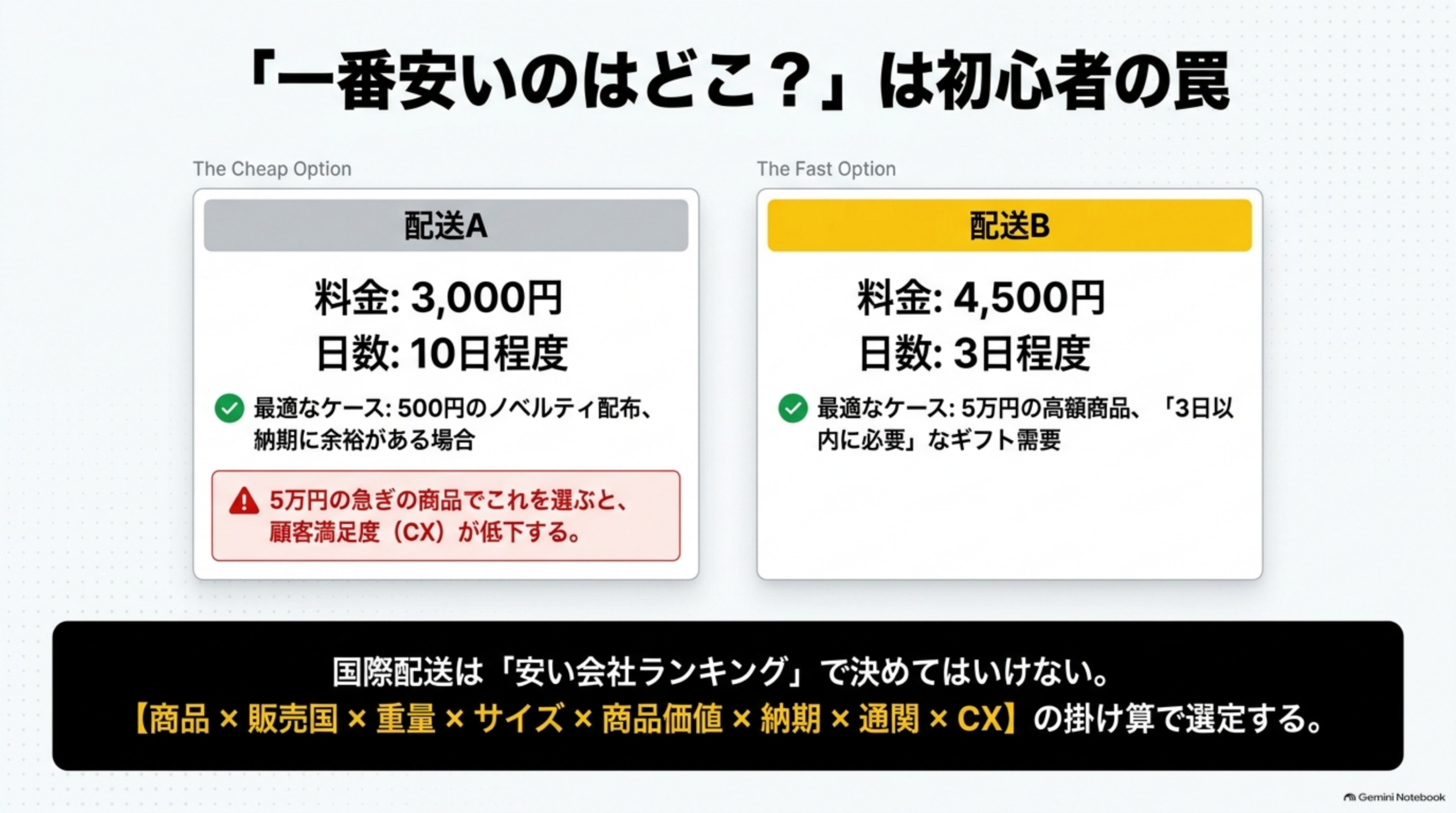 一番安いのはどこ？は初心者の罠。The Cheap Option配送A(料金3000円・日数10日程度)は500円のノベルティ配布や納期に余裕がある場合に最適。The Fast Option配送B(料金4500円・日数3日程度)は5万円の高額商品や3日以内に必要なギフト需要に最適。5万円の急ぎの商品でこれ(安い方)を選ぶと顧客満足度(CX)が低下する。国際配送は安い会社ランキングで決めてはいけない、商品×販売国×重量×サイズ×商品価値×納期×通関×CXの掛け算で選定する