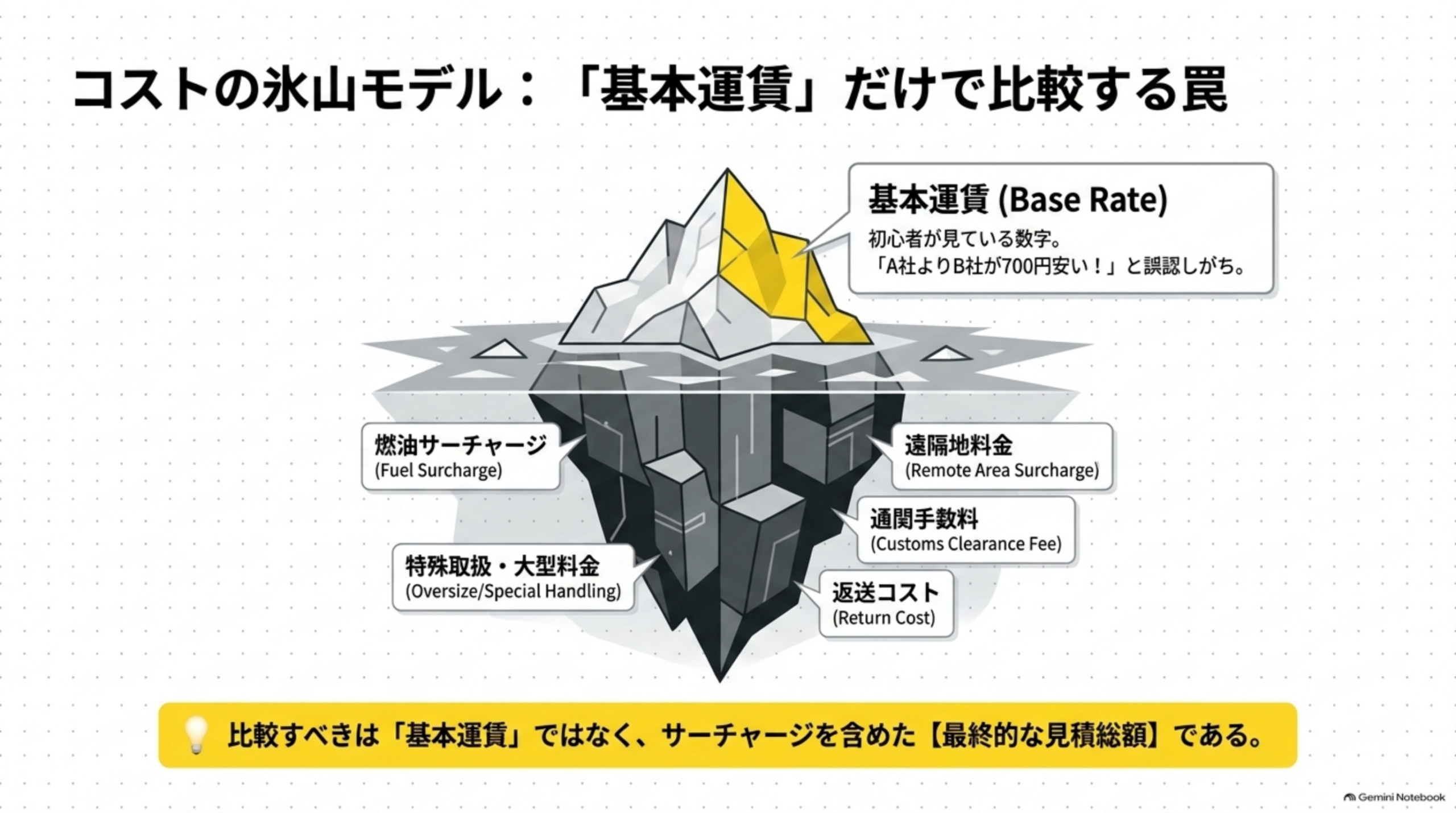 コストの氷山モデル、基本運賃だけで比較する罠。基本運賃(Base Rate)は初心者が見ている数字で、A社よりB社が700円安いと誤認しがち。水面下には燃油サーチャージ、遠隔地料金(Remote Area Surcharge)、通関手数料(Customs Clearance Fee)、特殊取扱・大型料金(Oversize/Special Handling)、返送コスト(Return Cost)が隠れている。比較すべきは基本運賃ではなくサーチャージを含めた最終的な見積総額である