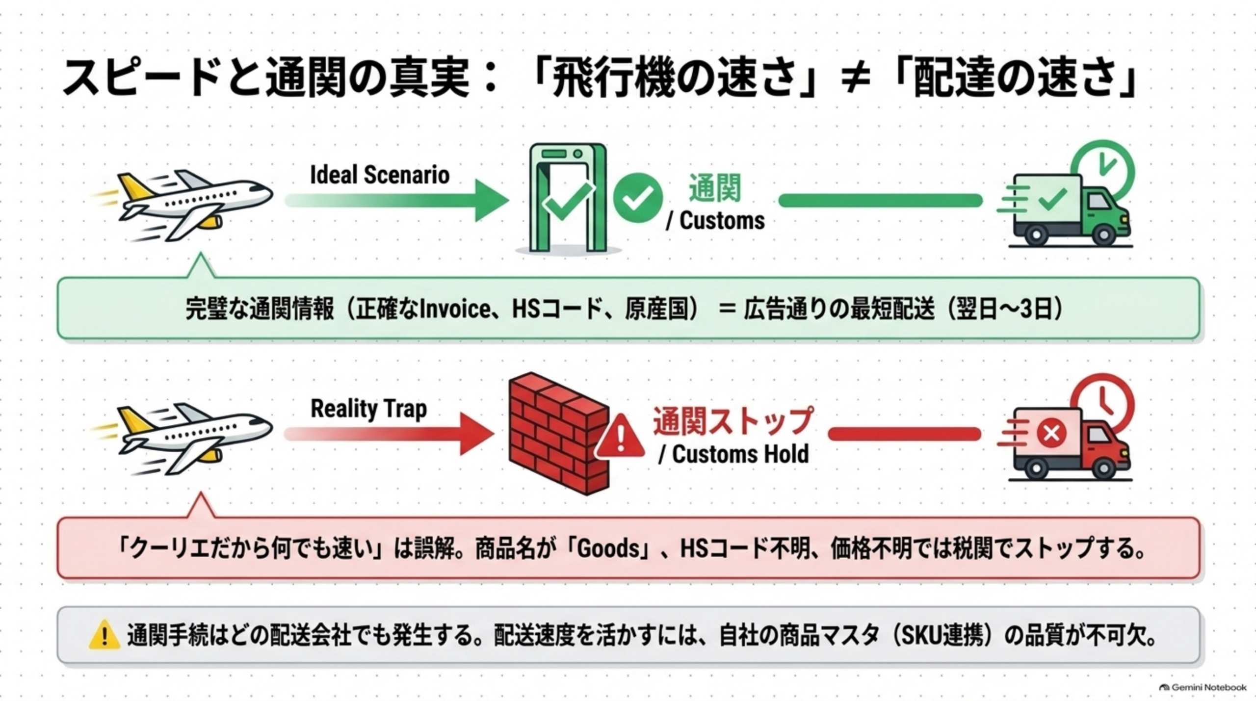 スピードと通関の真実、飛行機の速さは配達の速さと同じではない。Ideal Scenarioは完璧な通関情報(正確なInvoice、HSコード、原産国)で広告通りの最短配送(翌日〜3日)。Reality Trapは商品名がGoods、HSコード不明、価格不明では税関でストップする。クーリエだから何でも速いは誤解、通関手続はどの配送会社でも発生する、配送速度を活かすには自社の商品マスタ(SKU連携)の品質が不可欠