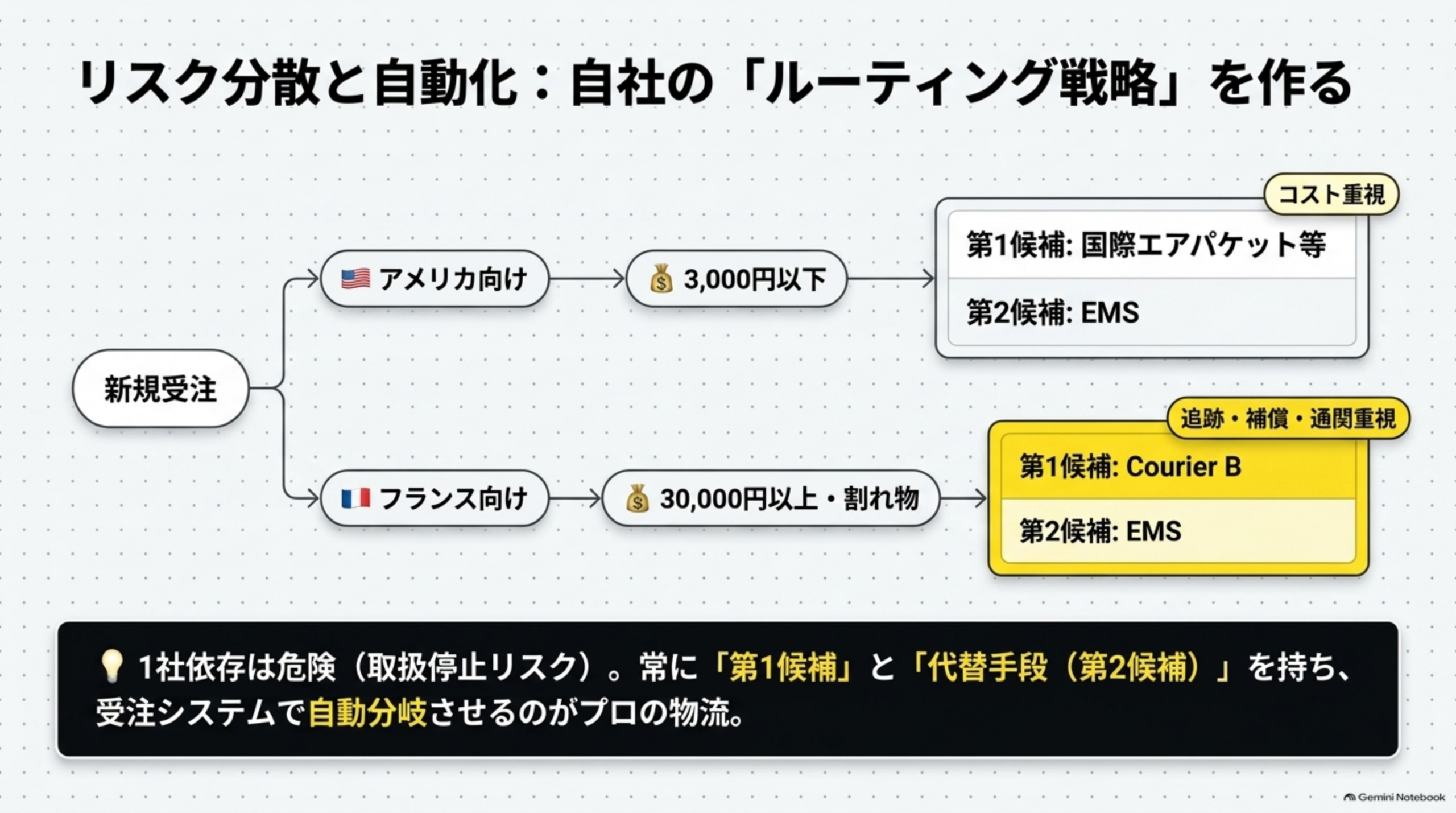 リスク分散と自動化、自社のルーティング戦略を作る。新規受注→アメリカ向け・3000円以下(コスト重視)→第1候補:国際エアパケット等、第2候補:EMS。新規受注→フランス向け・30000円以上・割れ物(追跡・補償・通関重視)→第1候補:Courier B、第2候補:EMS。1社依存は危険(取扱停止リスク)、常に第1候補と代替手段(第2候補)を持ち、受注システムで自動分岐させるのがプロの物流