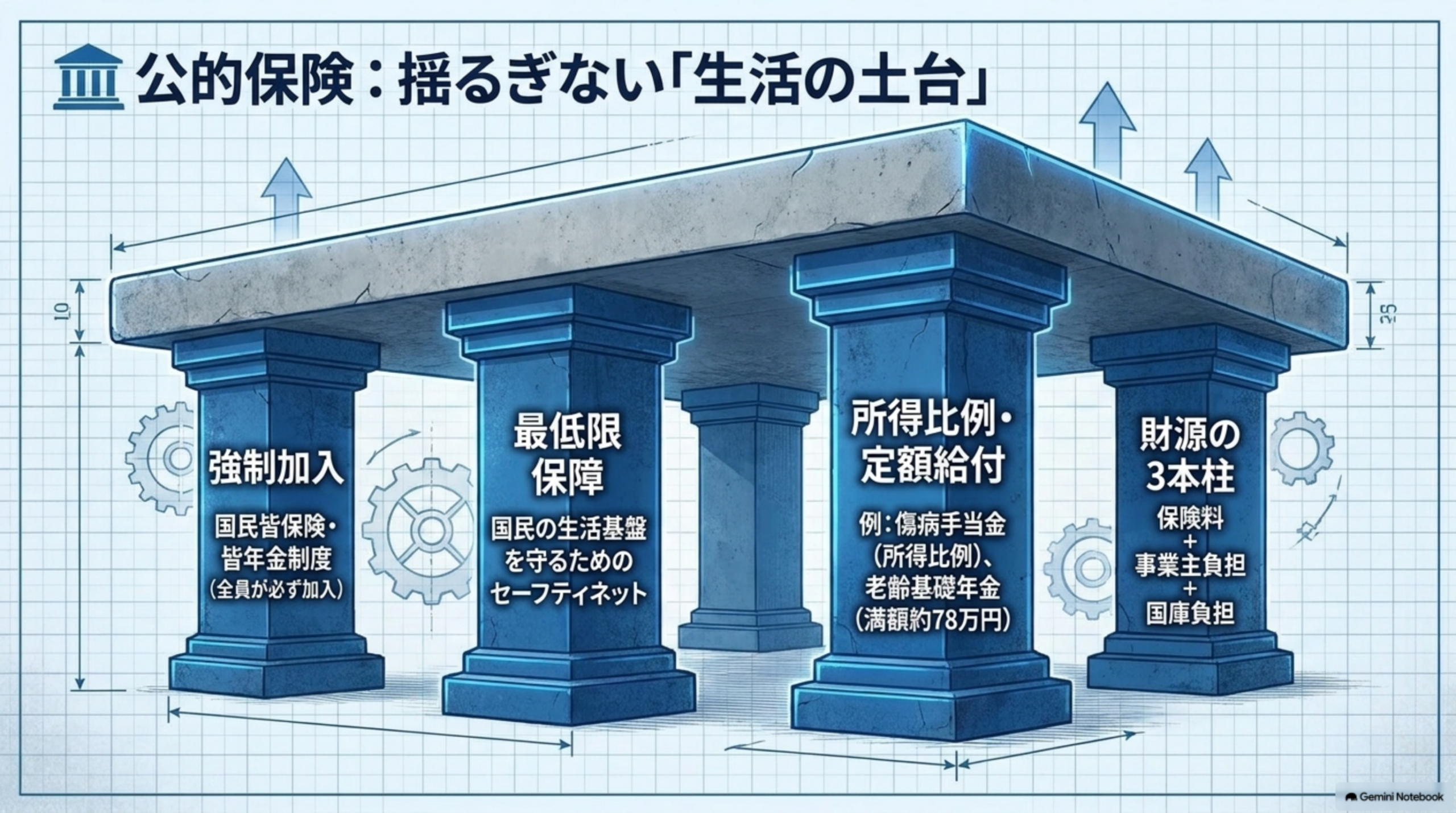 公的保険を土台に民間保険を上乗せする構造図