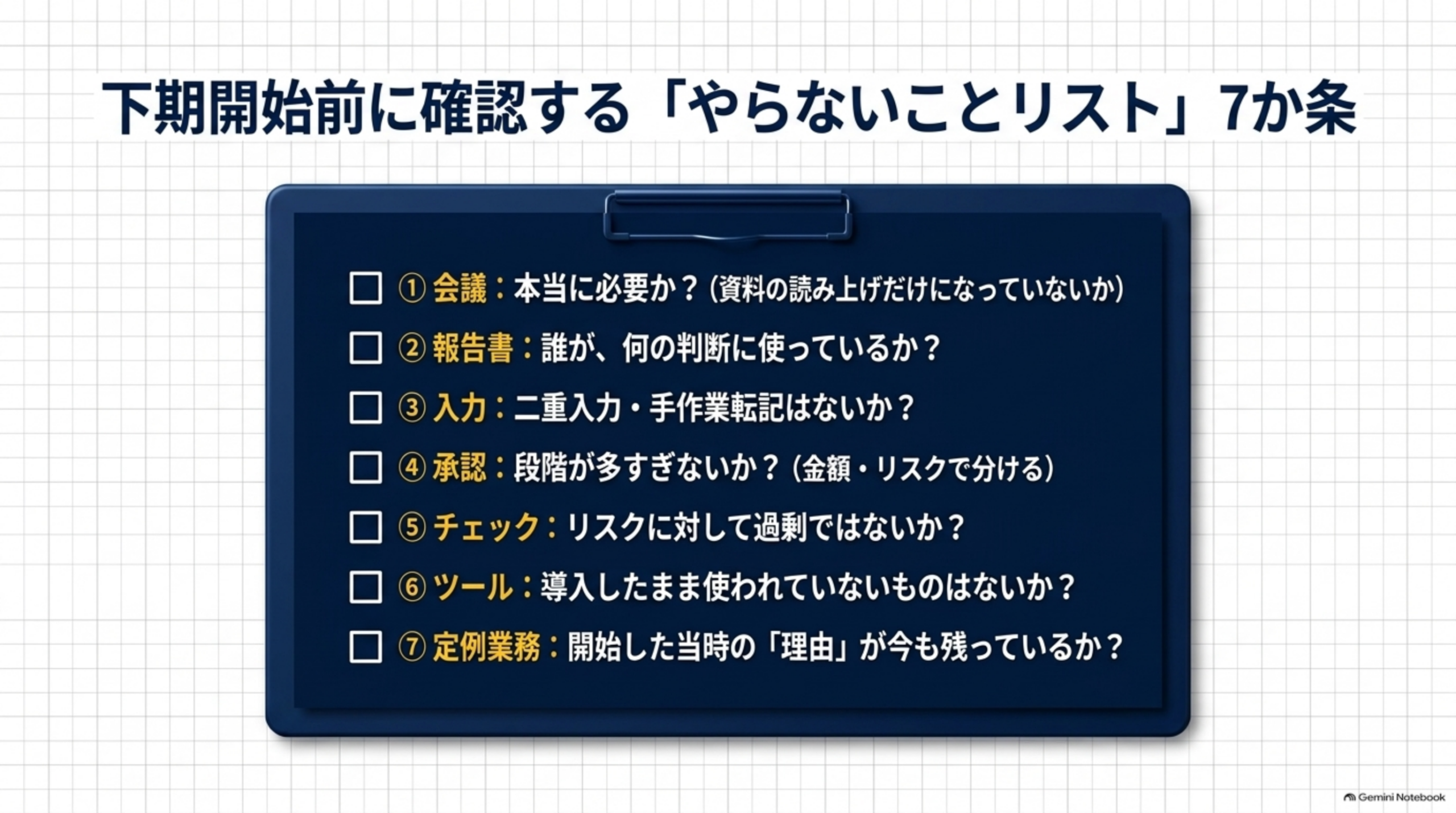 下期開始前に確認する「やらないことリスト」7か条という見出しの下、クリップボードのイラストに、①会議:本当に必要か?(資料の読み上げだけになっていないか)、②報告書:誰が、何の判断に使っているか?、③入力:二重入力・手作業転記はないか?、④承認:段階が多すぎないか?(金額・リスクで分ける)、⑤チェック:リスクに対して過剰ではないか?、⑥ツール:導入したまま使われていないものはないか?、⑦定例業務:開始した当時の「理由」が今も残っているか?という7項目のチェックリスト