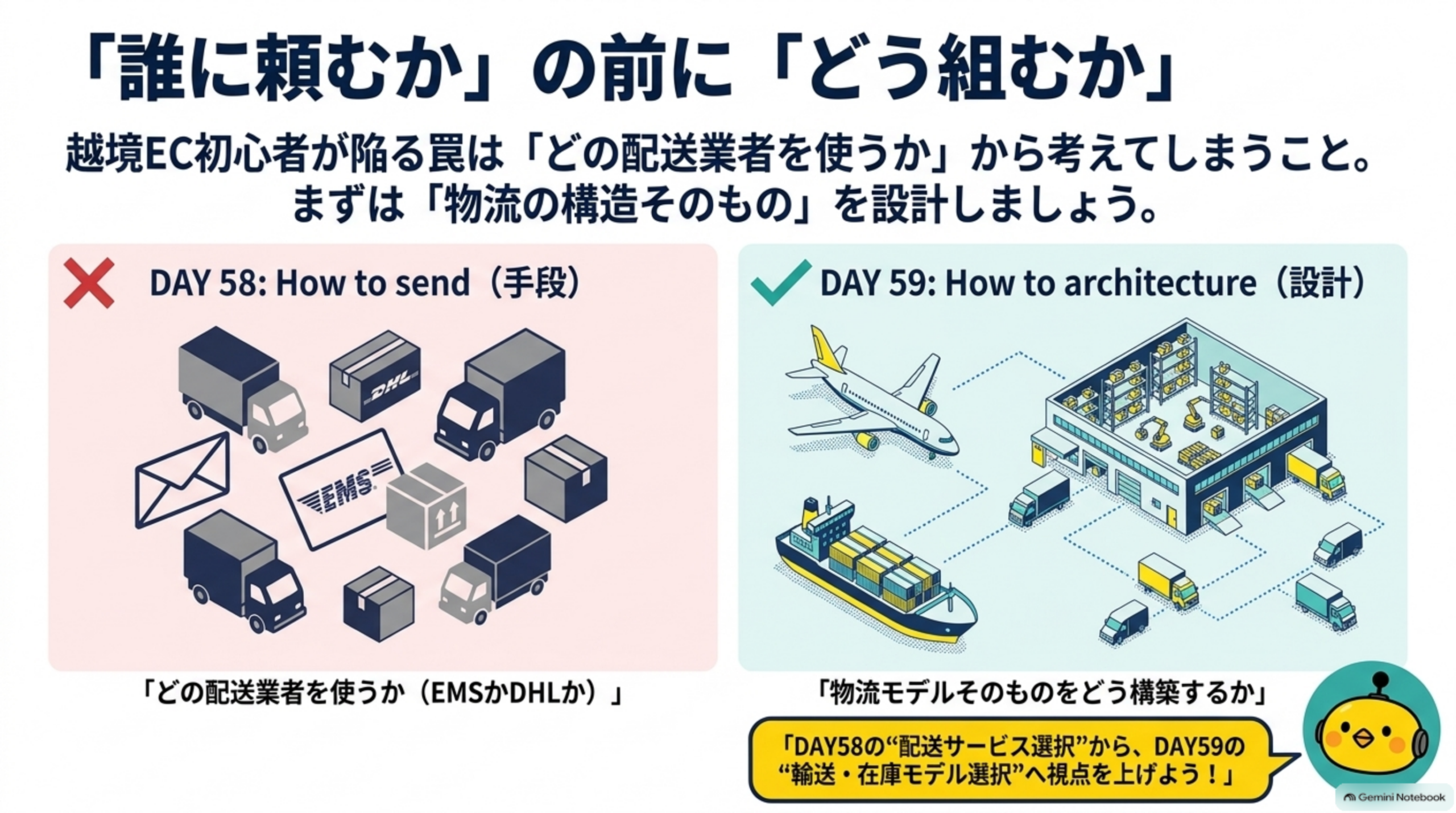 DAY58の配送サービス選択とDAY59の輸送・在庫モデル選択の違いを示す比較図