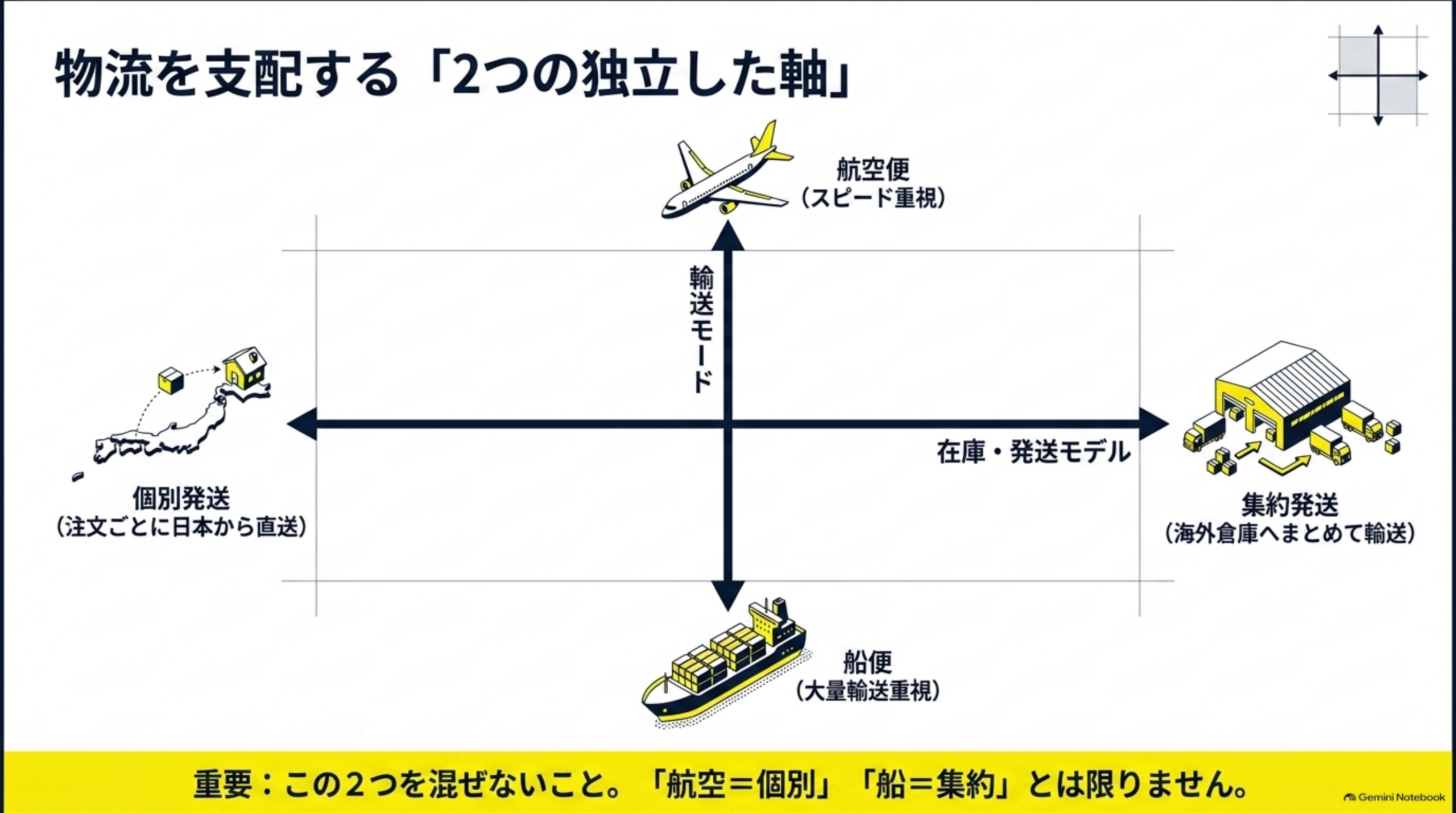 輸送モード（航空便・船便）と在庫・発送モデル（個別発送・集約発送）という2つの独立した軸の図