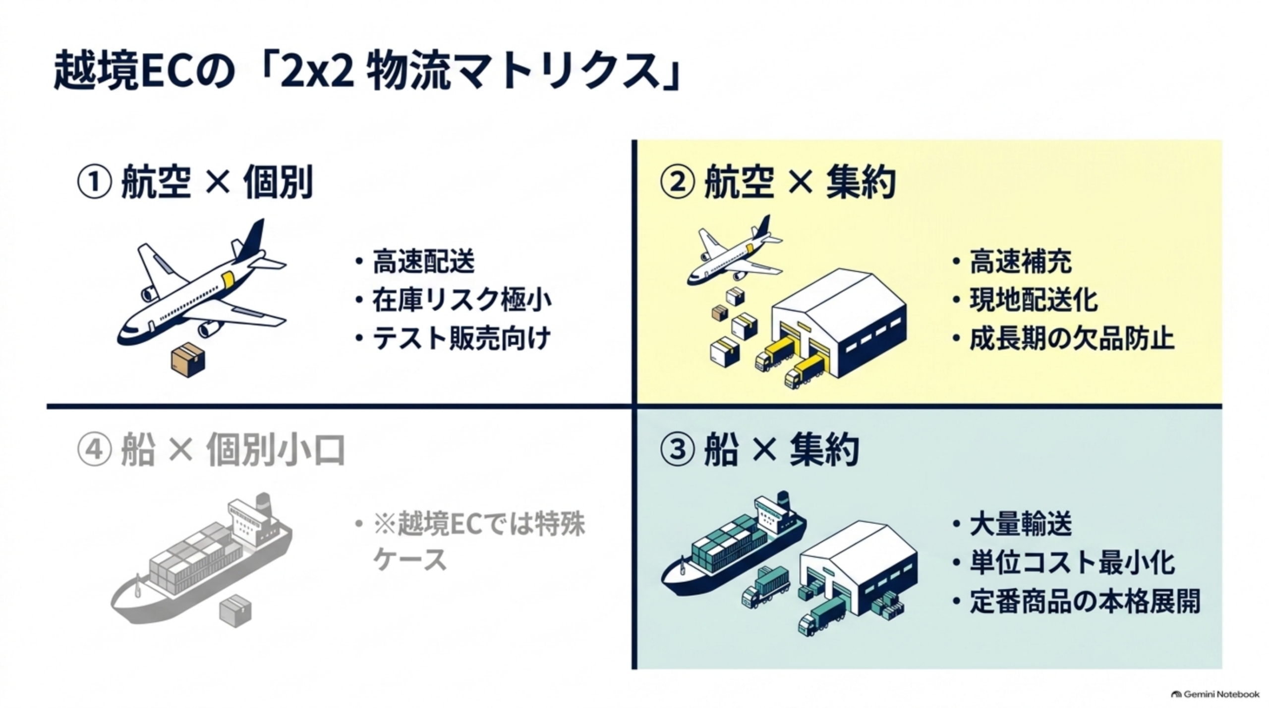 航空×個別・航空×集約・船×集約・船×個別小口の2×2物流マトリクス