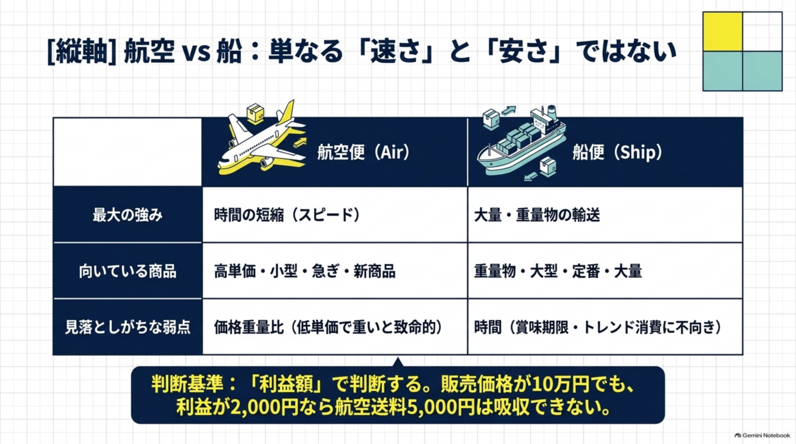 航空便と船便の最大の強み・向いている商品・見落としがちな弱点を比較した表