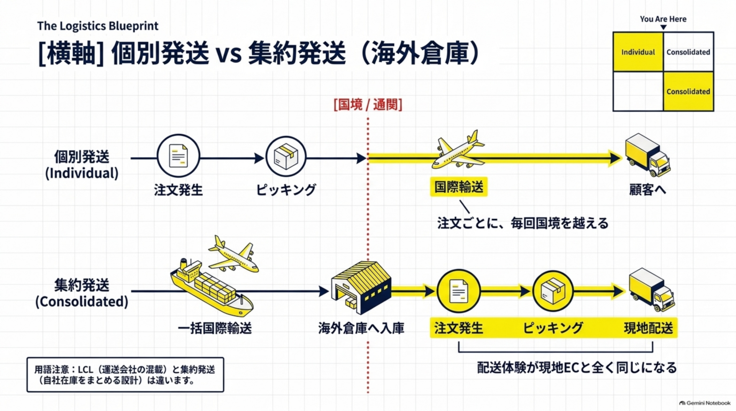 個別発送は注文ごとに国境を越え、集約発送は一括国際輸送後に海外倉庫から現地配送する構造の違い