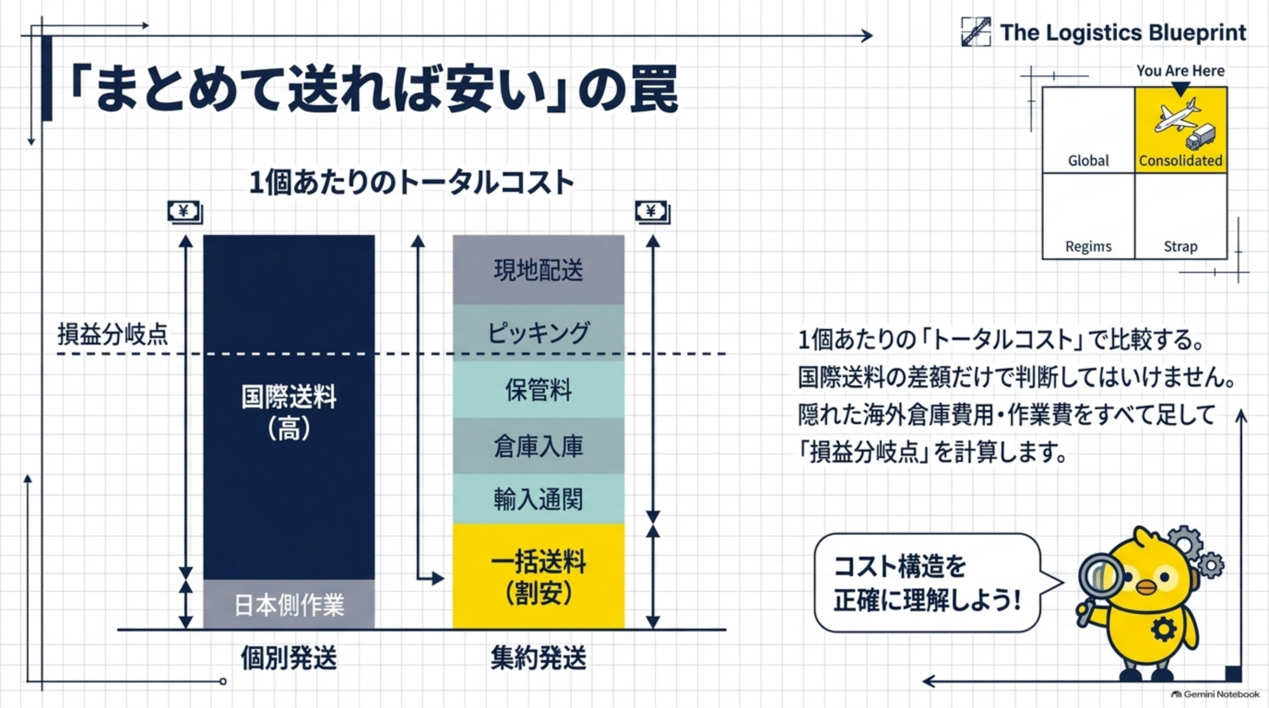 個別発送と集約発送を1個あたりのトータルコストで比較し損益分岐点を計算する図