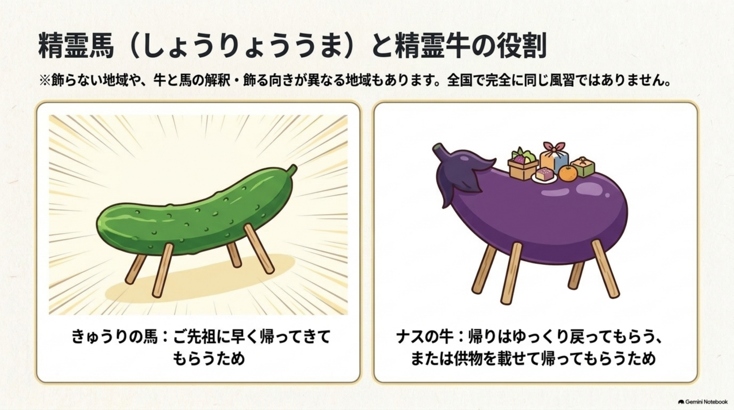 精霊馬（しょうりょううま）と精霊牛の役割。きゅうりの馬は先祖に早く帰ってきてもらうため、ナスの牛は帰りをゆっくりにするため
