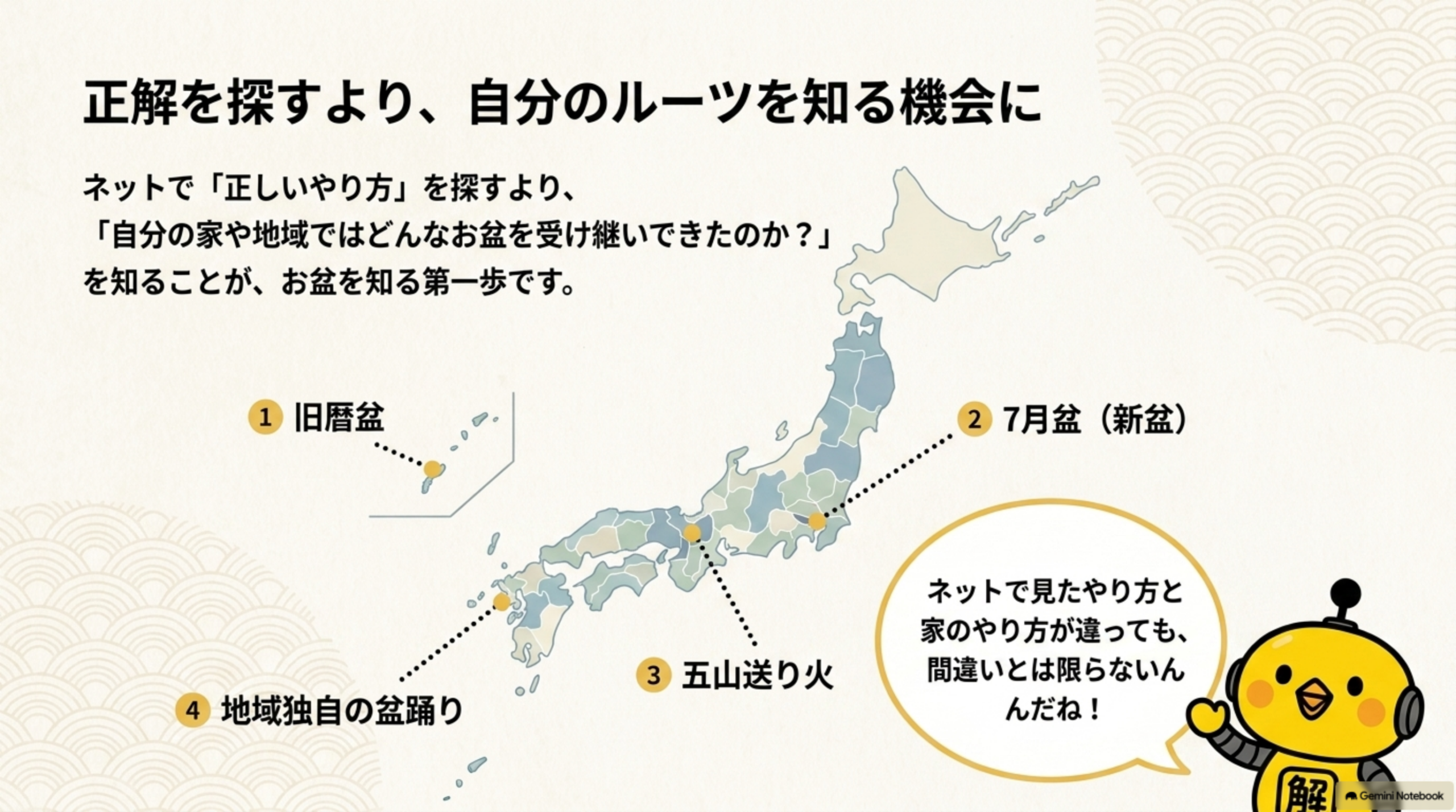 正解を探すより、自分のルーツを知る機会に。旧暦盆、7月盆、五山送り火、地域独自の盆踊りなど日本地図上の地域差