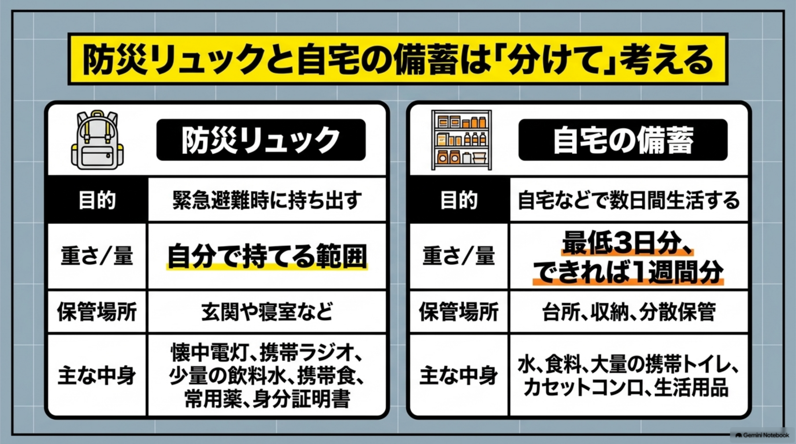 防災リュックと自宅の備蓄は「分けて」考える比較表。防災リュック（目的：緊急避難時に持ち出す、重さ/量：自分で持てる範囲、保管場所：玄関や寝室など、主な物：懐中電灯・携帯ラジオ・少量の飲料水・携帯食・常用薬・身分証明書）と自宅の備蓄（目的：自宅などで数日間生活する、重さ/量：最低3日分・できれば1週間分、保管場所：台所・収納・分散保管、主な物：水・食料・大量の携帯トイレ・カセットコンロ・生活用品）の比較