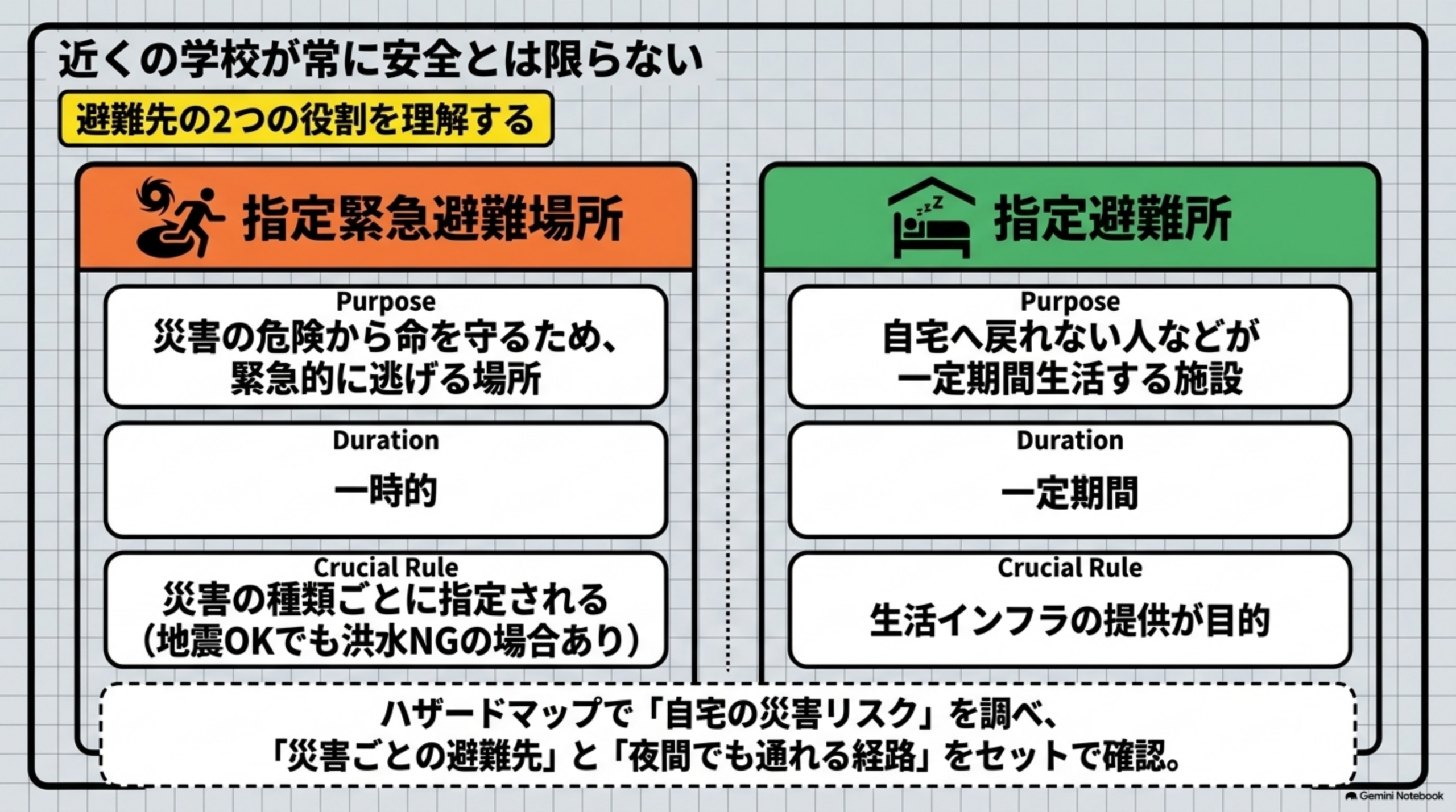 近くの学校が常に安全とは限らない。避難先の2つの役割を理解する図。指定緊急避難場所（災害の危険から命を守るため緊急的に避難する場所、一時的、災害の種類ごとに指定され地震OKでも洪水NGの場合あり）と指定避難所（自宅へ戻れない人などが一定期間生活する施設、一定期間、生活インフラの提供が目的）の比較。ハザードマップで自宅の災害リスクを調べ、災害ごとの避難先と夜間でも通れる経路をセットで確認するという注記