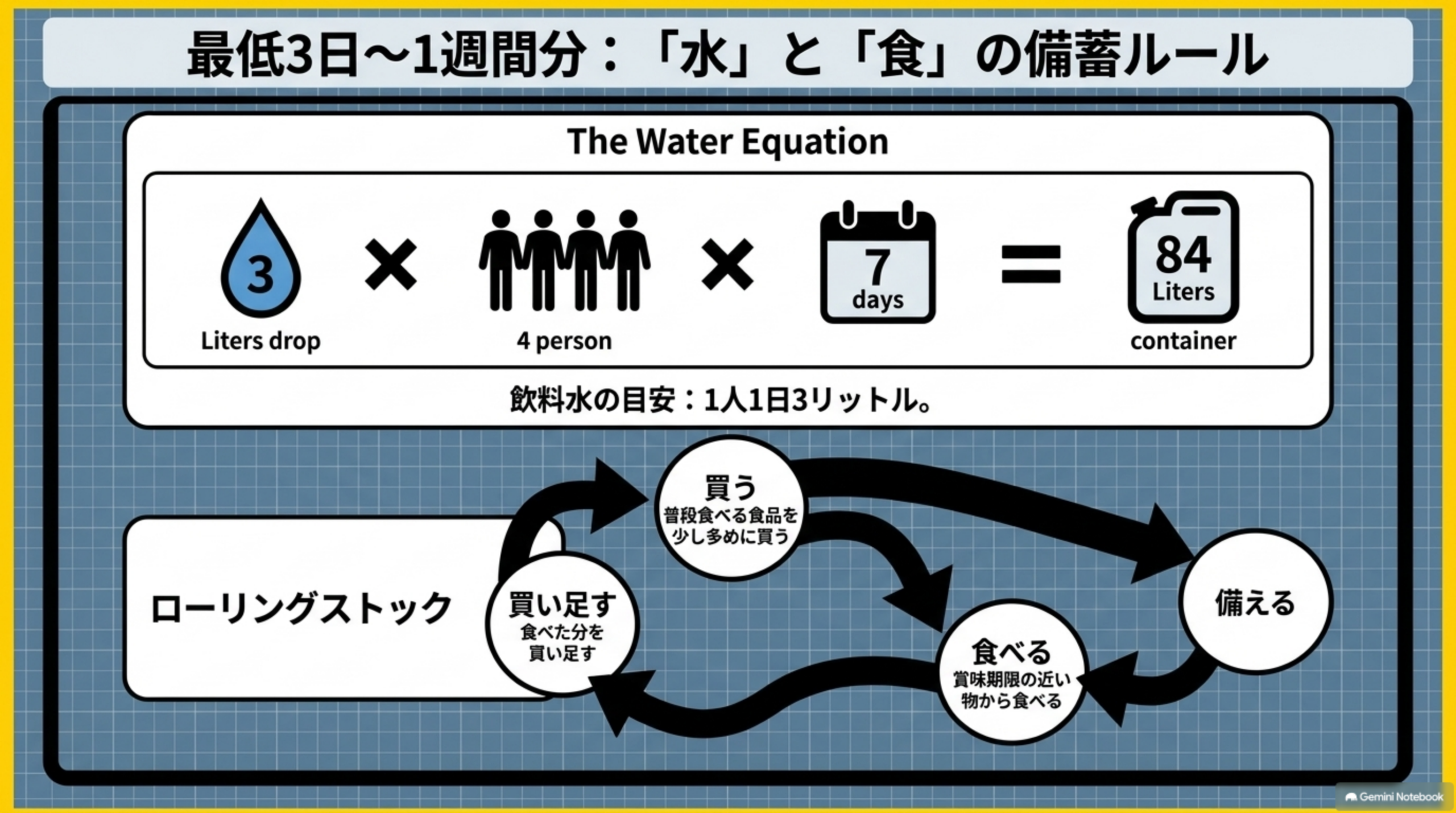 最低3日〜1週間分：「水」と「食」の備蓄ルール。The Water Equationとして飲料水3リットル×4人×7日=84リットルという計算式（飲料水の目安：1人1日3リットル）。買う→備える→食べる（賞味期限の近い物から）→買い足す、というローリングストックの循環図