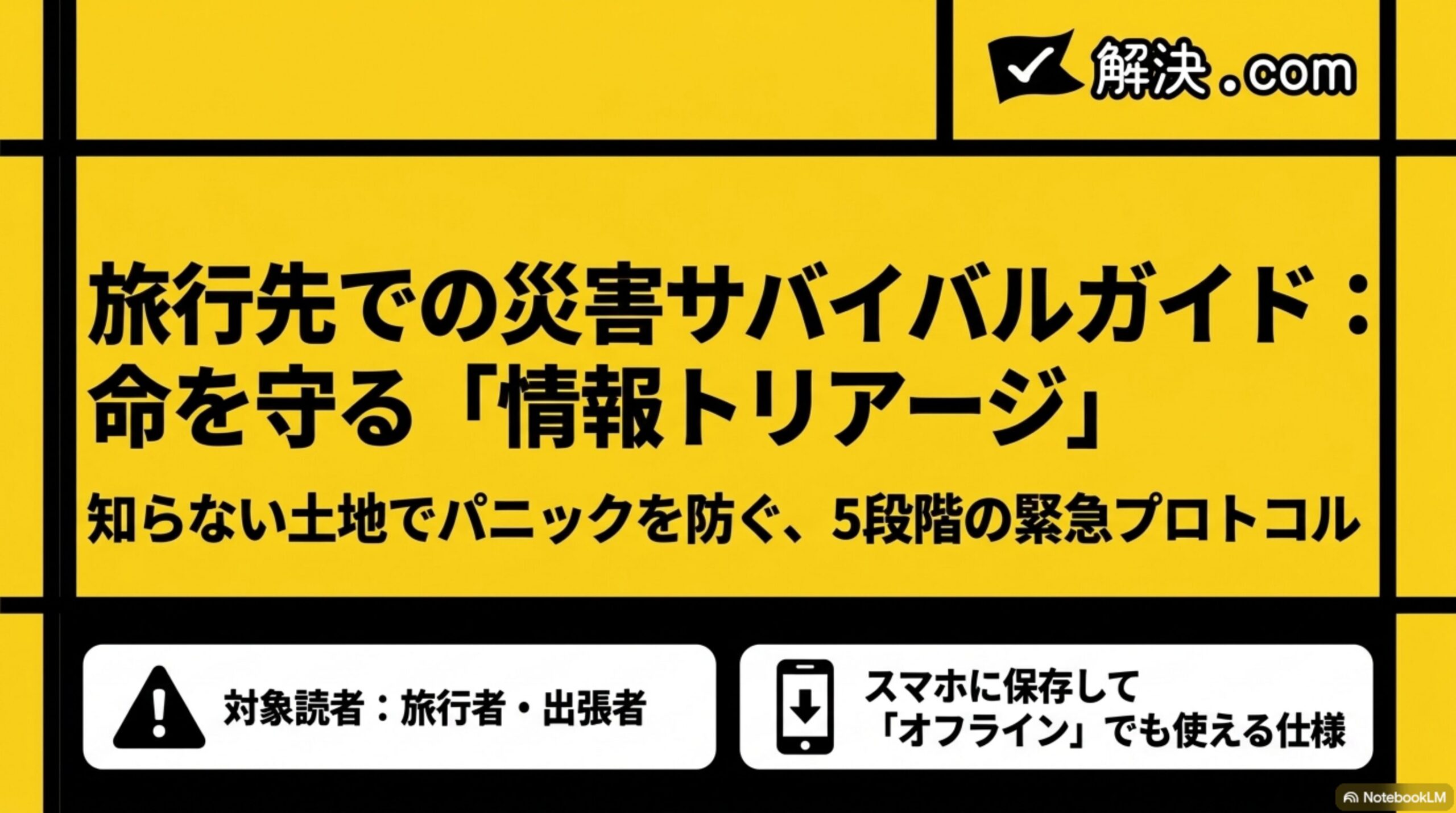 旅行先での災害サバイバルガイド：命を守る「情報トリアージ」というタイトルスライド。知らない土地でパニックを防ぐ、5段階の緊急プロトコルという副題、対象読者：旅行者・出張者、スマホに保存して「オフライン」でも使える仕様というバッジ、解決.comのロゴ付き