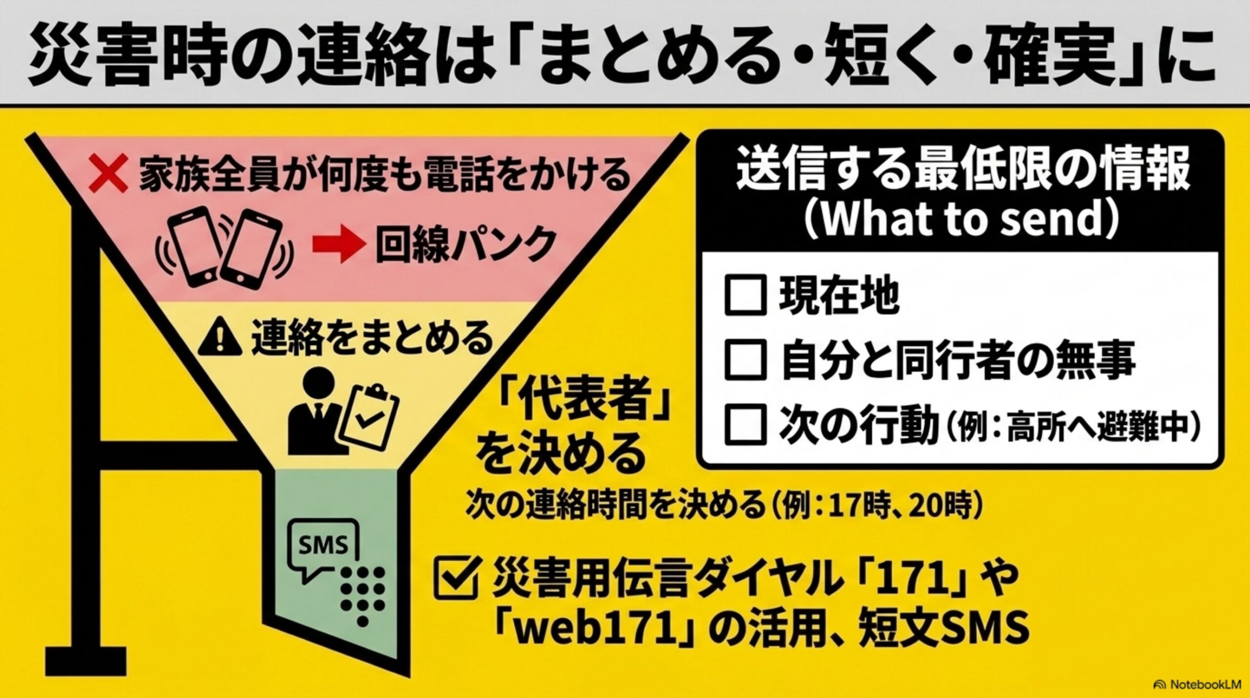 災害時の連絡は「まとめる・短く・確実」にという見出しと、家族全員が何度も電話をかける→回線パンクという×の図と、連絡をまとめる「代表者」を決める→次の連絡時間を決める(例：17時、20時)→SMS(短文)という流れの図、送信する最低限の情報(現在地／自分と同行者の無事／次の行動(例：高所へ避難中))というチェックリスト、災害用伝言ダイヤル「171」やweb171の活用、短文SMSという案内付き