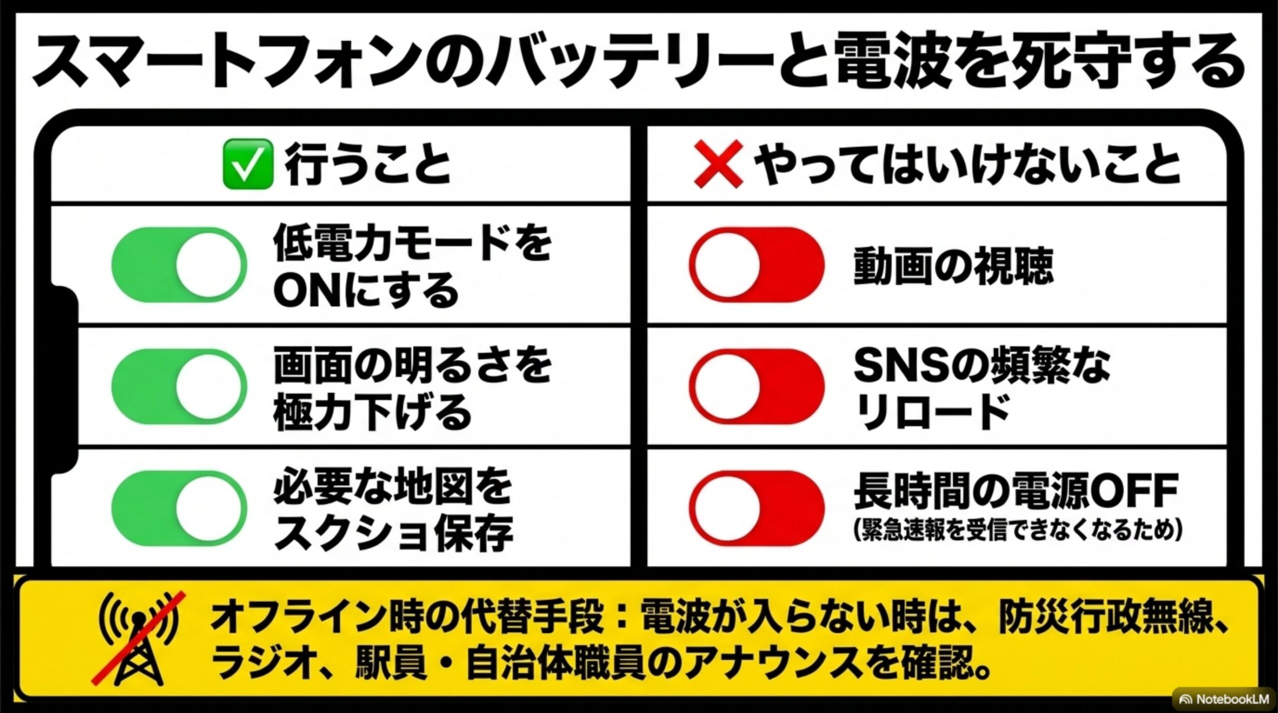 スマートフォンのバッテリーと電波を死守するという見出しと、行うこと(低電力モードをONにする／画面の明るさを極力下げる／必要な地図をスクショ保存)とやってはいけないこと(動画の視聴／SNSの頻繁なリロード／長時間の電源OFF(緊急速報を受信できなくなるため))を対比するトグルスイッチ形式の表、オフライン時の代替手段：電波が入らない時は、防災行政無線、ラジオ、駅員・自治体職員のアナウンスを確認という案内付き