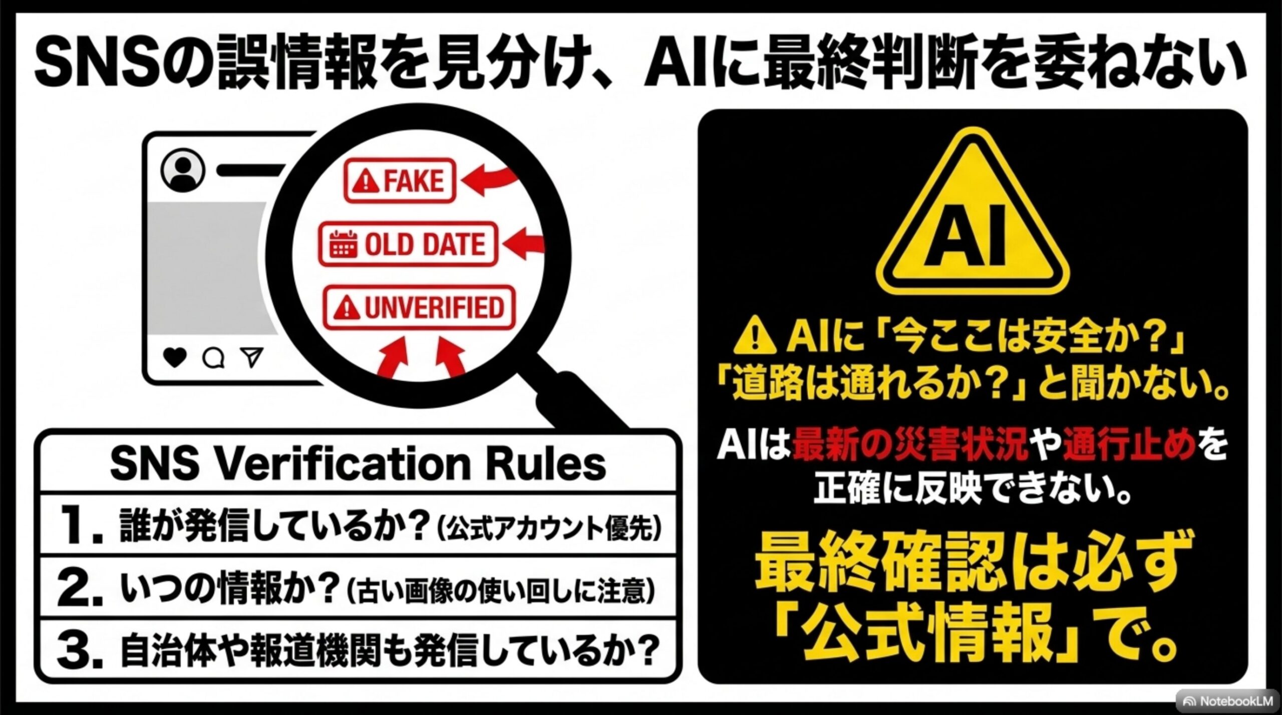 SNSの誤情報を見分け、AIに最終判断を委ねないという見出しと、SNS投稿にFAKE・OLD DATE・UNVERIFIEDという警告タグが虫眼鏡で強調される図解、SNS Verification Rules(1.誰が発信しているか？(公式アカウント優先) 2.いつの情報か？(古い画像の使い回しに注意) 3.自治体や報道機関も発信しているか？)、AIに「今ここは安全か？」「道路は通れるか？」と聞かない。AIは最新の災害状況や通行止めを正確に反映できない。最終確認は必ず「公式情報」でという警告付き