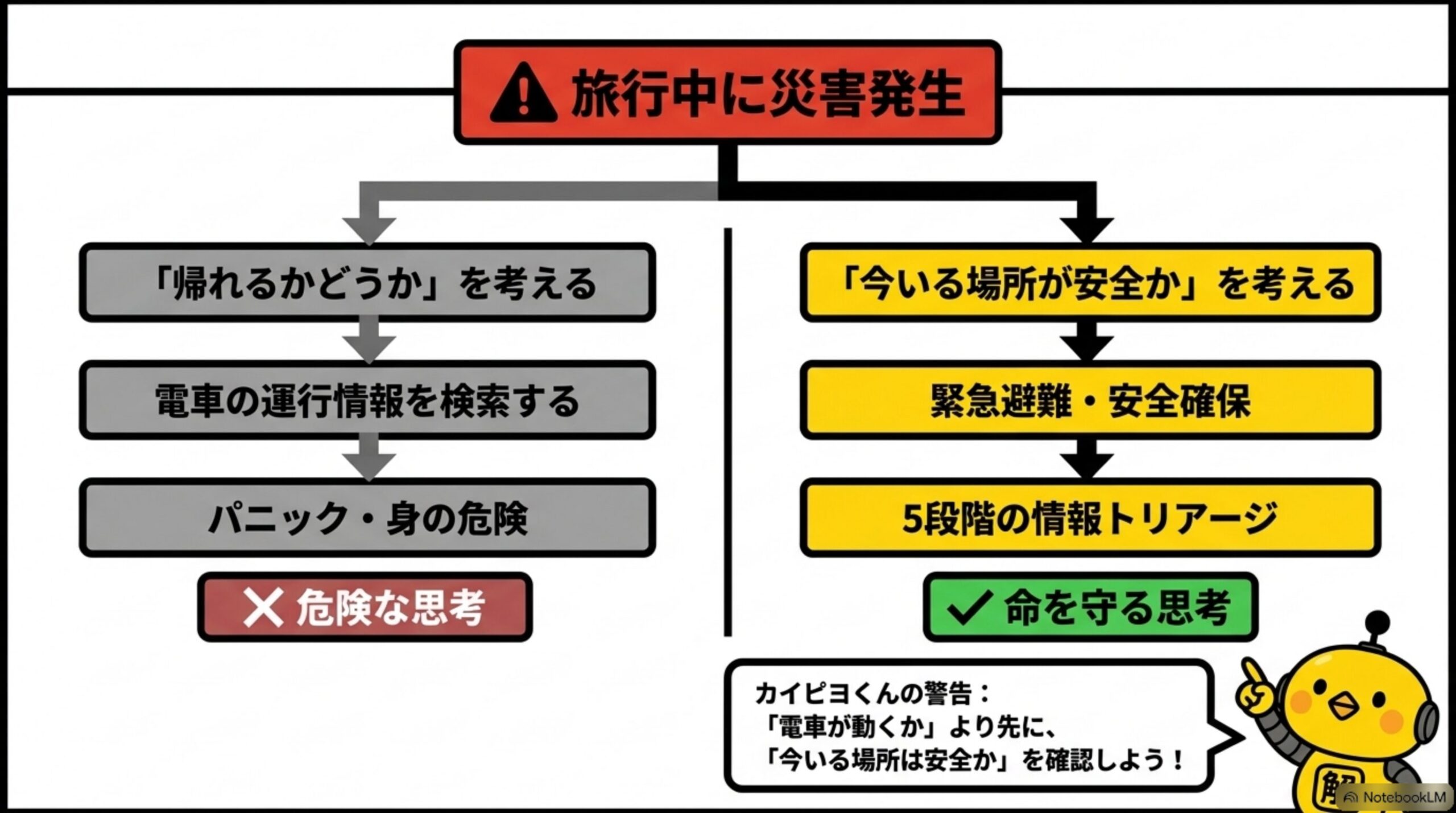 旅行中に災害発生という警告見出しから、「帰れるかどうか」を考える→電車の運行情報を検索する→パニック・身の危険という危険な思考(グレー)と、「今いる場所が安全か」を考える→緊急避難・安全確保→5段階の情報トリアージという命を守る思考(黄色)を対比するフローチャート、カイピヨくんの警告「『電車が動くか』より先に、『今いる場所は安全か』を確認しよう！」という吹き出し付き