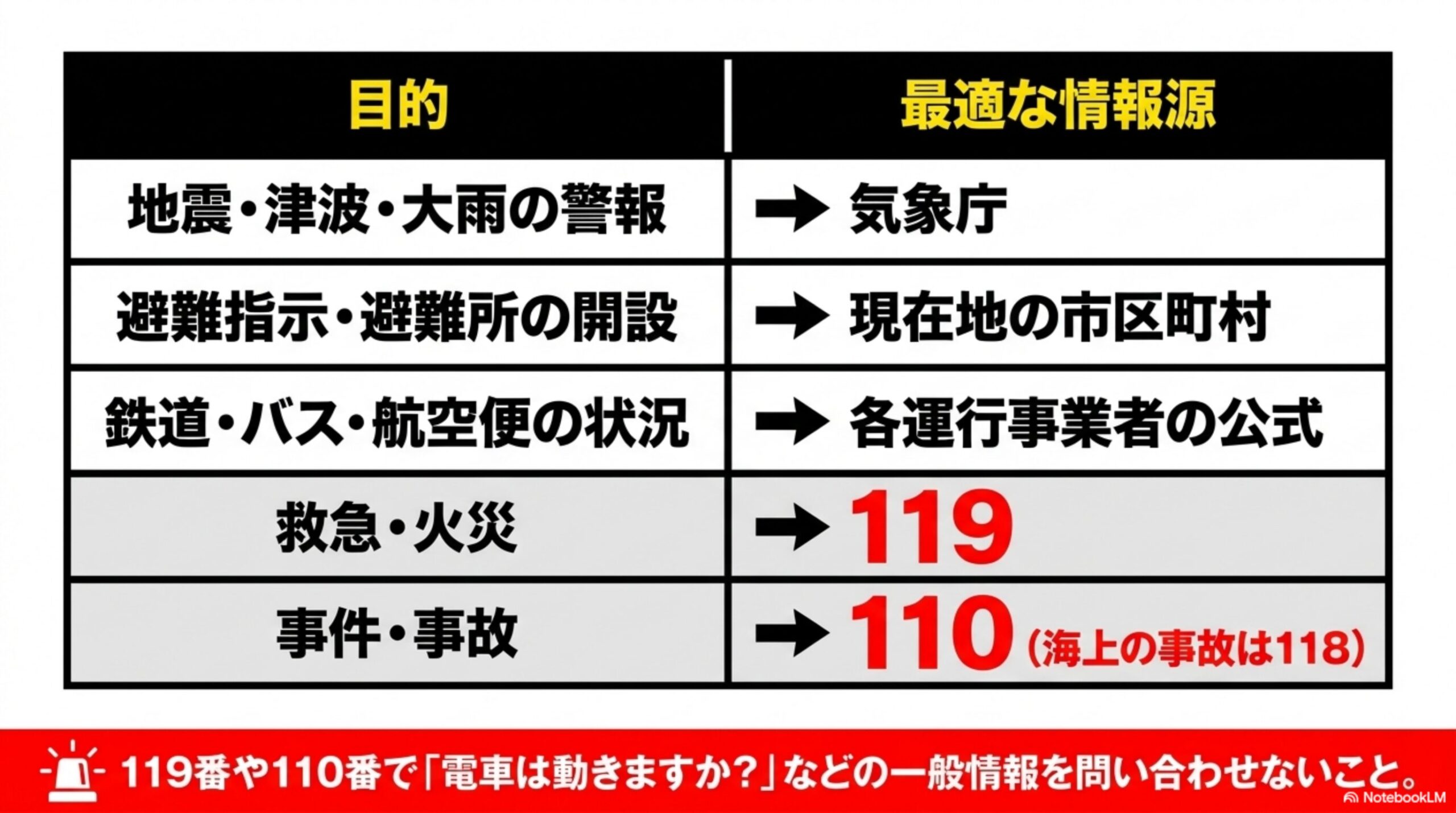 目的別最適な情報源の一覧表。地震・津波・大雨の警報→気象庁、避難指示・避難所の開設→現在地の市区町村、鉄道・バス・航空便の状況→各運行事業者の公式、救急・火災→119、事件・事故→110(海上の事故は118)という対応表、119番や110番で「電車は動きますか？」などの一般情報を問い合わせないことという警告