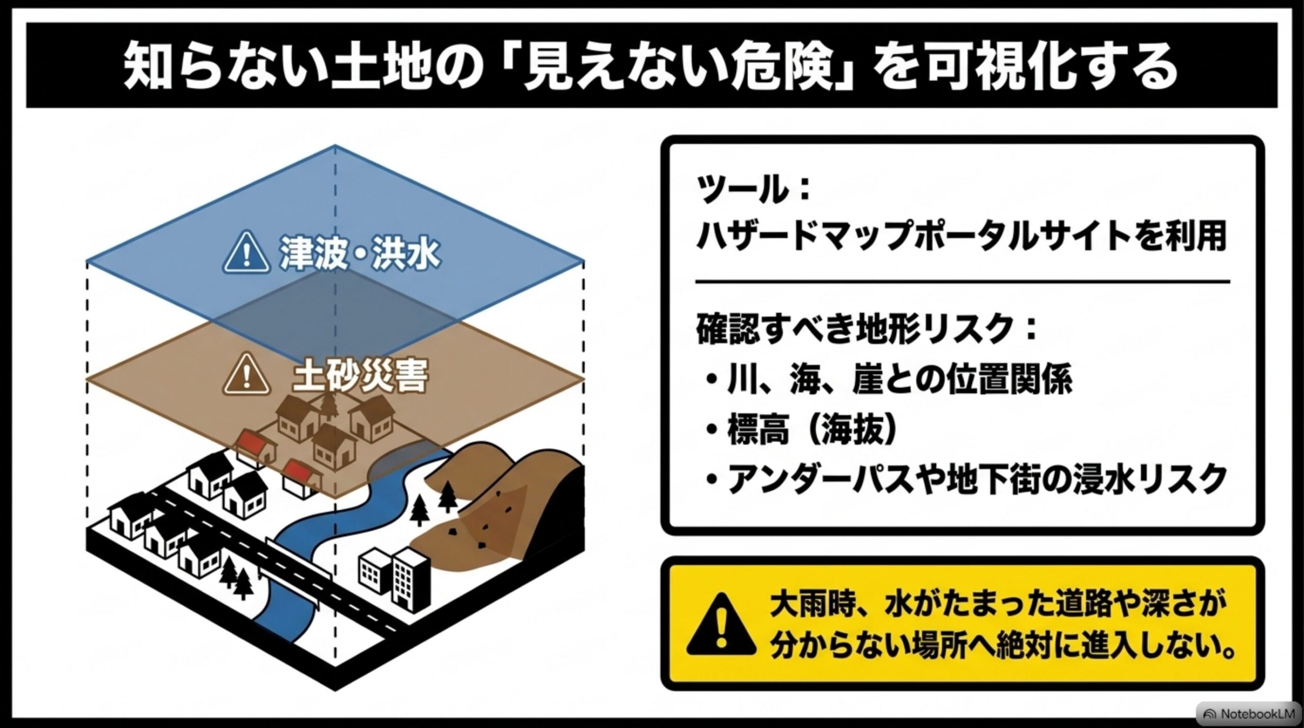 知らない土地の「見えない危険」を可視化するという見出しと、地図に津波・洪水レイヤーと土砂災害レイヤーを重ねた3D図解、ツール：ハザードマップポータルサイトを利用、確認すべき地形リスク(川・海・崖との位置関係、標高(海抜)、アンダーパスや地下街の浸水リスク)という説明、大雨時、水がたまった道路や深さが分からない場所へ絶対に進入しないという警告
