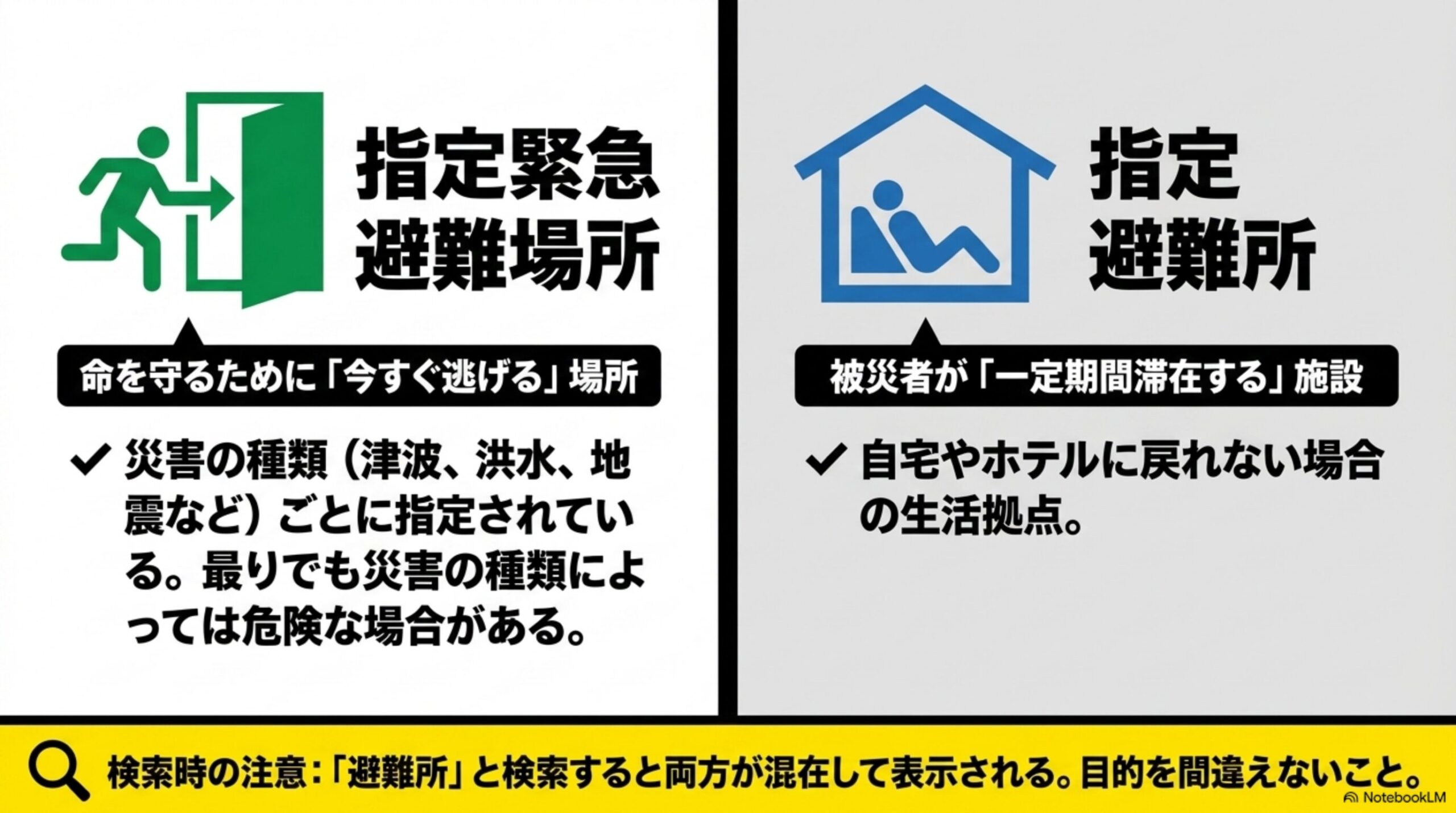 指定緊急避難場所(命を守るために「今すぐ逃げる」場所、災害の種類ごとに指定されている)と指定避難所(被災者が「一定期間滞在する」施設、自宅やホテルに戻れない場合の生活拠点)を対比する2枚のイラスト、検索時の注意：「避難所」と検索すると両方が混在して表示される、目的を間違えないことという警告