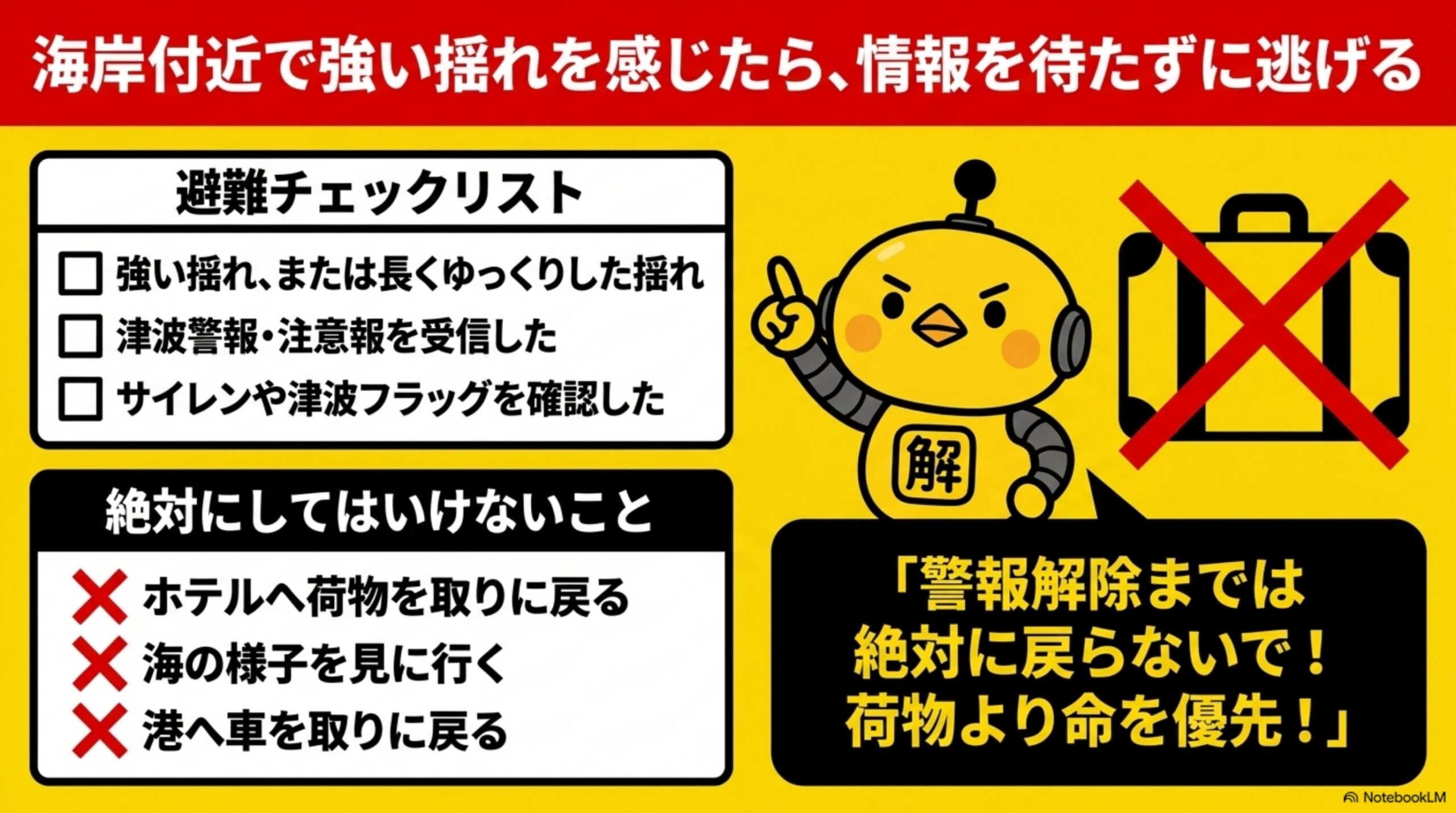 海岸付近で強い揺れを感じたら、情報を待たずに逃げるという見出しと、避難チェックリスト(強い揺れ、または長くゆっくりした揺れ／津波警報・注意報を受信した／サイレンや津波フラッグを確認した)と絶対にしてはいけないこと(ホテルへ荷物を取りに戻る／海の様子を見に行く／港へ車を取りに戻る)という2つのリスト、カイピヨくんが荷物のイラストに×印をつけながら「警報解除までは絶対に戻らないで！荷物より命を優先！」と話す吹き出し付き