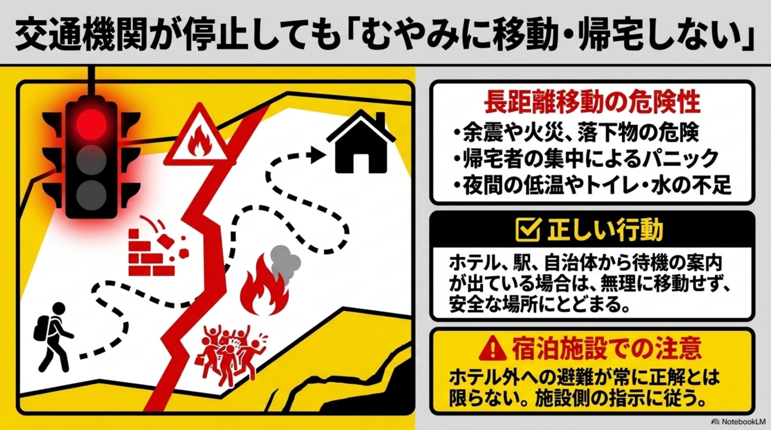交通機関が停止しても「むやみに移動・帰宅しない」という見出しと、地震で寸断された道を迂回しながら家へ向かう人のイラスト、長距離移動の危険性(余震や火災、落下物の危険／帰宅者の集中によるパニック／夜間の低温やトイレ・水の不足)、正しい行動(ホテル、駅、自治体から待機の案内が出ている場合は、無理に移動せず安全な場所にとどまる)、宿泊施設での注意(ホテル外への避難が常に正解とは限らない。施設側の指示に従う)という説明付き