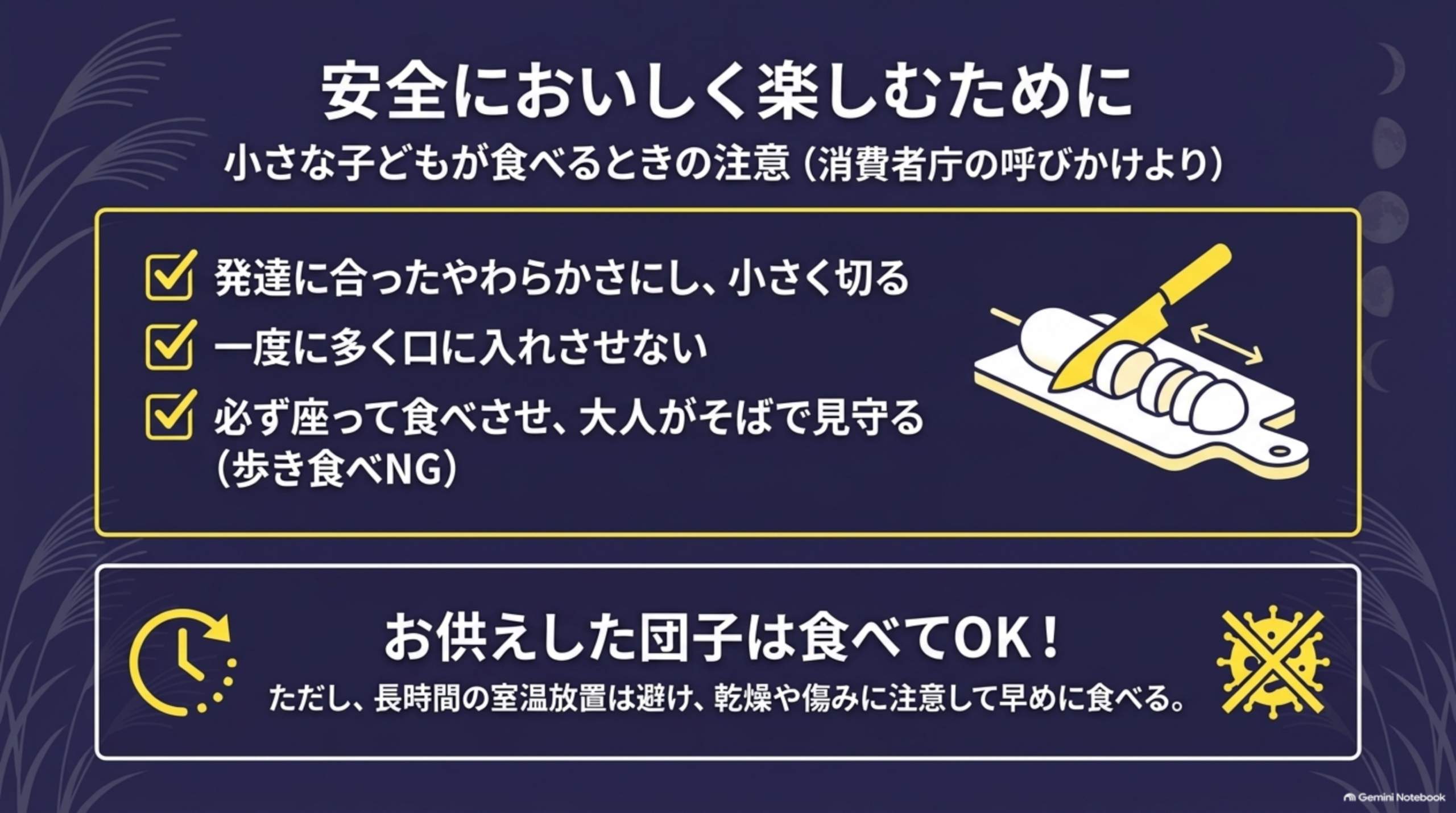 安全においしく楽しむために。発達に合ったやわらかさにして小さく切る、一度に多く口に入れさせない、必ず座って食べさせ大人がそばで見守る。お供えした団子は食べてOK、ただし長時間の室温放置は避け早めに食べる