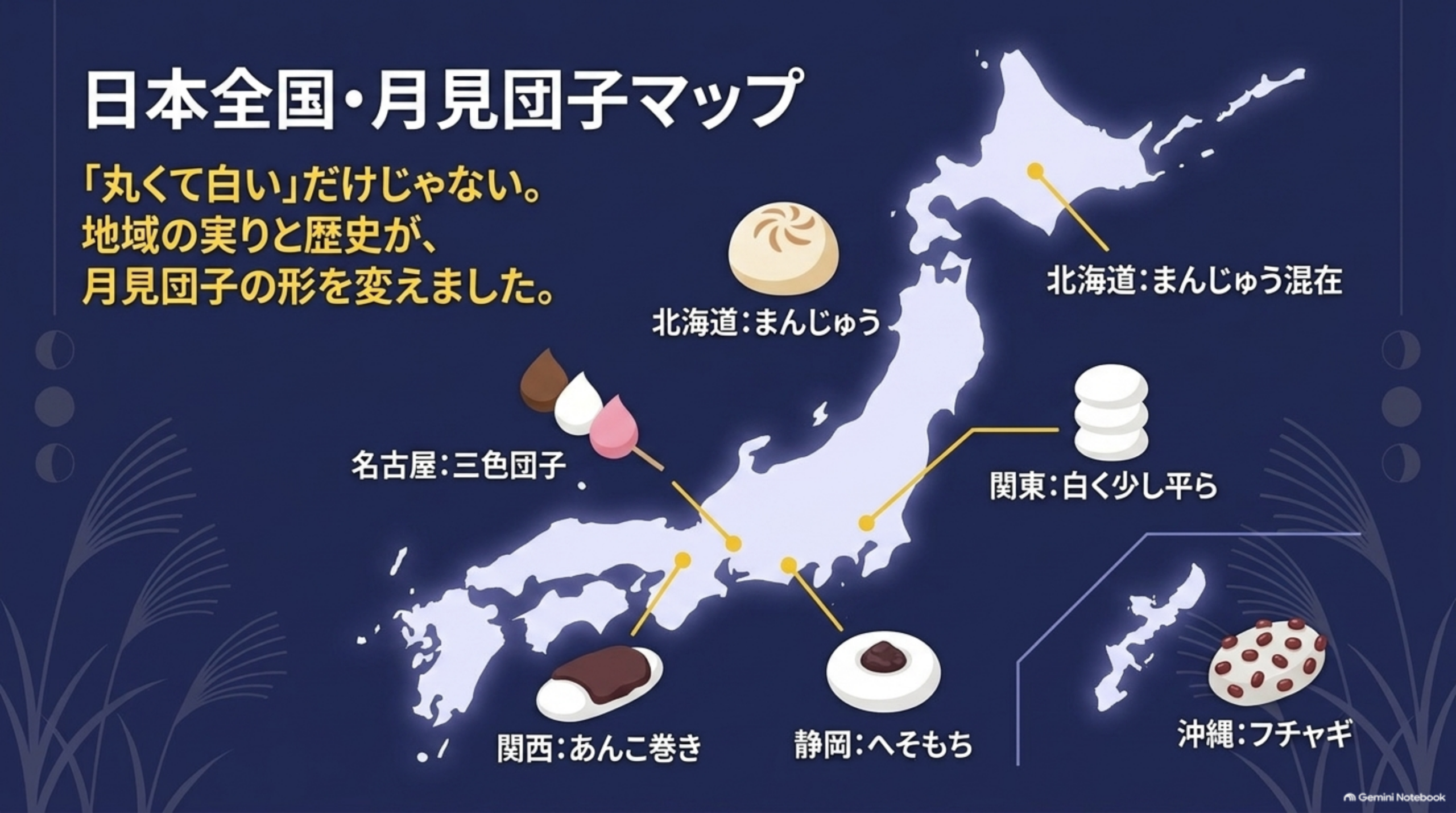日本全国・月見団子マップ。丸くて白いだけじゃない。北海道はまんじゅう、名古屋は三色団子、関東は白く少し平ら、関西はあんこ巻き、静岡はへそもち、沖縄はフチャギ