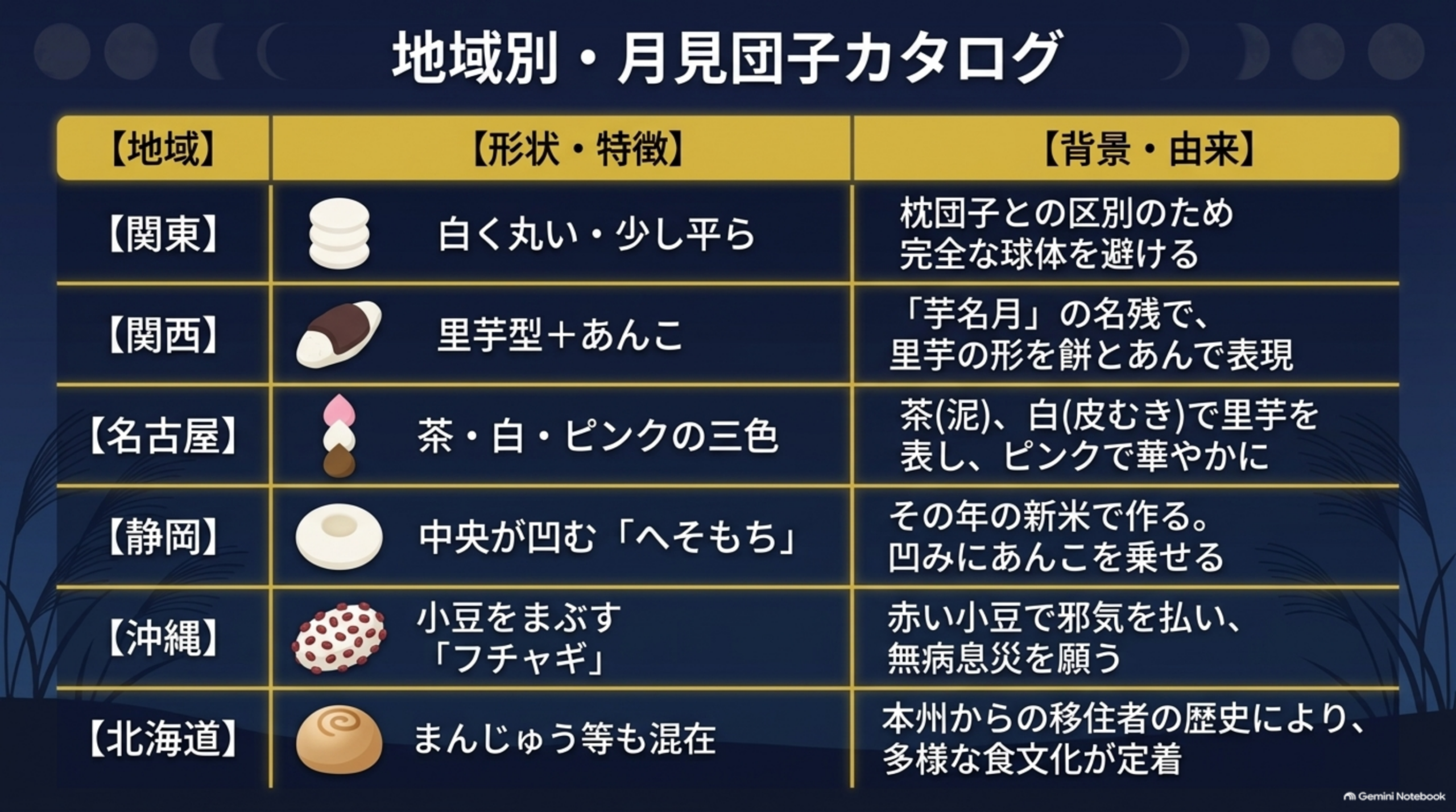 地域別月見団子カタログ。関東は白く丸く少し平ら、枕団子との区別のため完全な球体を避ける。関西は里芋型＋あんこ、芋名月の名残。名古屋は茶白ピンクの三色。静岡は中央が凹むへそもち、その年の新米で作る。沖縄は小豆をまぶすフチャギ、赤い小豆で邪気を払い無病息災を願う。北海道はまんじゅう等も混在、本州からの移住者の歴史により多様な食文化が定着