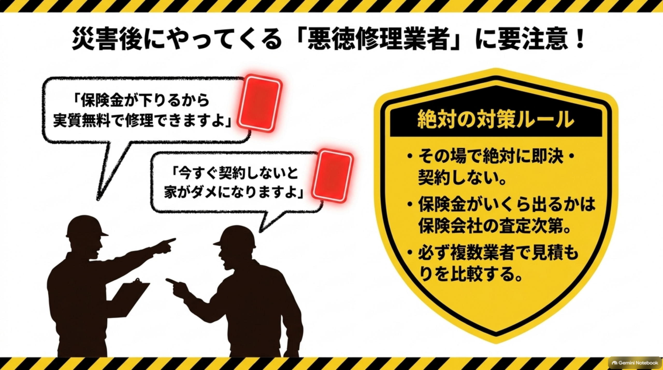 災害後にやってくる「悪徳修理業者」に要注意！という図解。「保険金が下りるから実質無料で修理できますよ」「今すぐ契約しないと家がダメになりますよ」という2つの警告吹き出しと指差しあう作業員のシルエット、右側に絶対の対策ルールとして「その場で絶対に即決・契約しない」「保険金がいくら出るかは保険会社の査定次第」「必ず複数業者で見積もりを比較する」という3項目のシールド型バッジ
