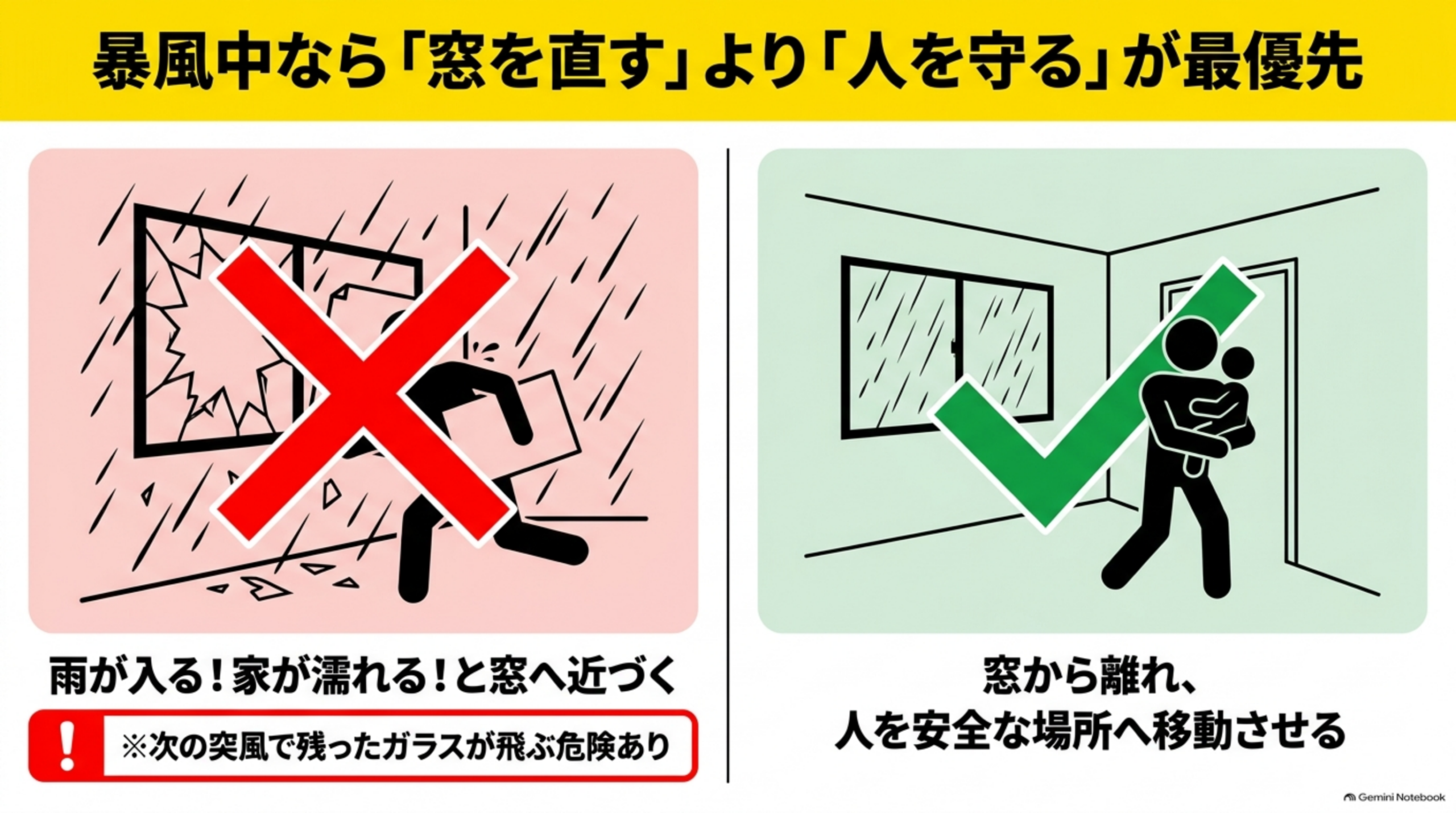 暴風中なら「窓を直す」より「人を守る」が最優先という図解。左側は赤いバツ印の付いた「雨が入る！家が濡れる！と窓へ近づく」イラスト（※次の突風で残ったガラスが飛ぶ危険あり、という警告文付き）、右側は緑のチェックマーク付きの「窓から離れ、人を安全な場所へ移動させる」イラスト（子どもを抱いて別室の扉の内側へ避難する様子）という対比図解