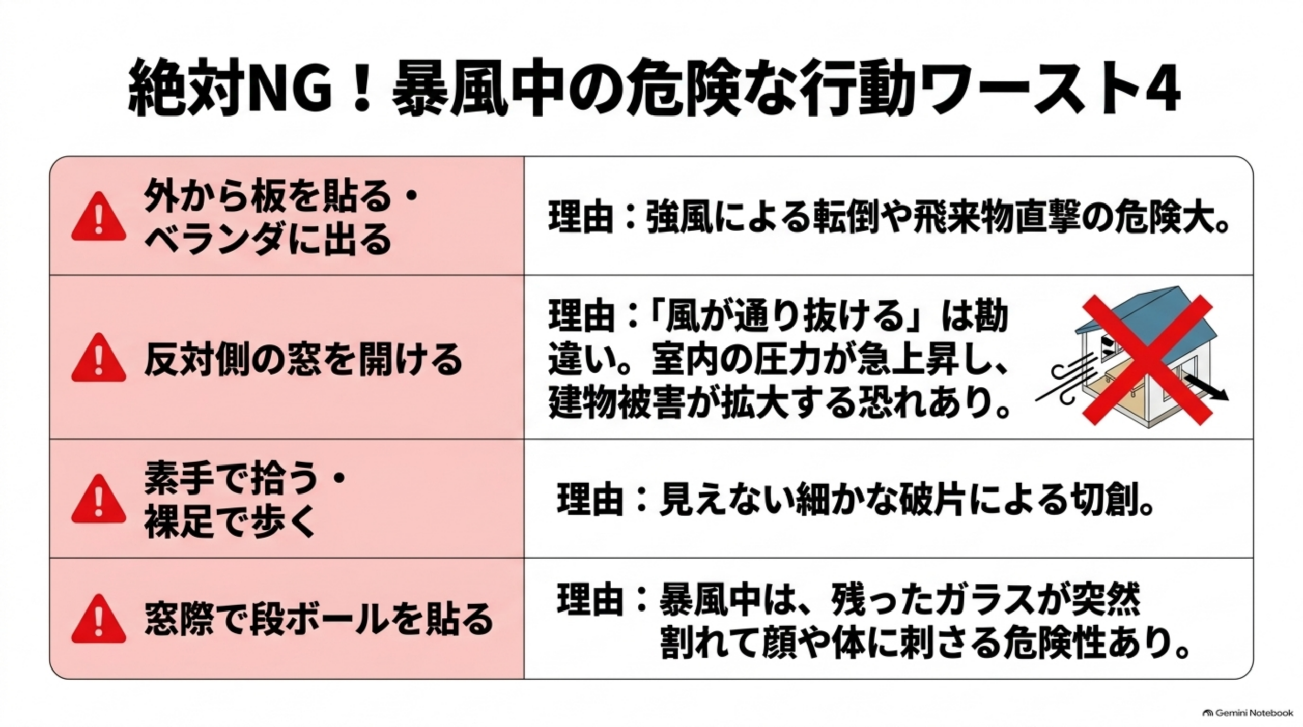 絶対NG！暴風中の危険な行動ワースト4という図解。「外から板を貼る・ベランダに出る」（理由：強風による転倒や飛来物直撃の危険大）、「反対側の窓を開ける」（理由：風が通り抜けるは勘違い。室内の圧力が急上昇し建物被害が拡大する恐れあり）、「素手で拾う・裸足で歩く」（理由：見えない細かな破片による切創）、「窓際で段ボールを貼る」（理由：暴風中は残ったガラスが突然割れて顔や体に刺さる危険性あり）という4行の表